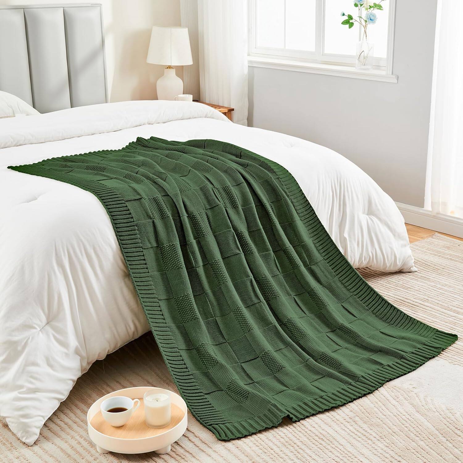 Alt View 2. blue - Paaaawaters Check Knit Throw Blanket, Christmas Green Checkered Bedroom Blanket for Couch, Soft Cozy Warm Knitted - color:Pink+size:60"X80".