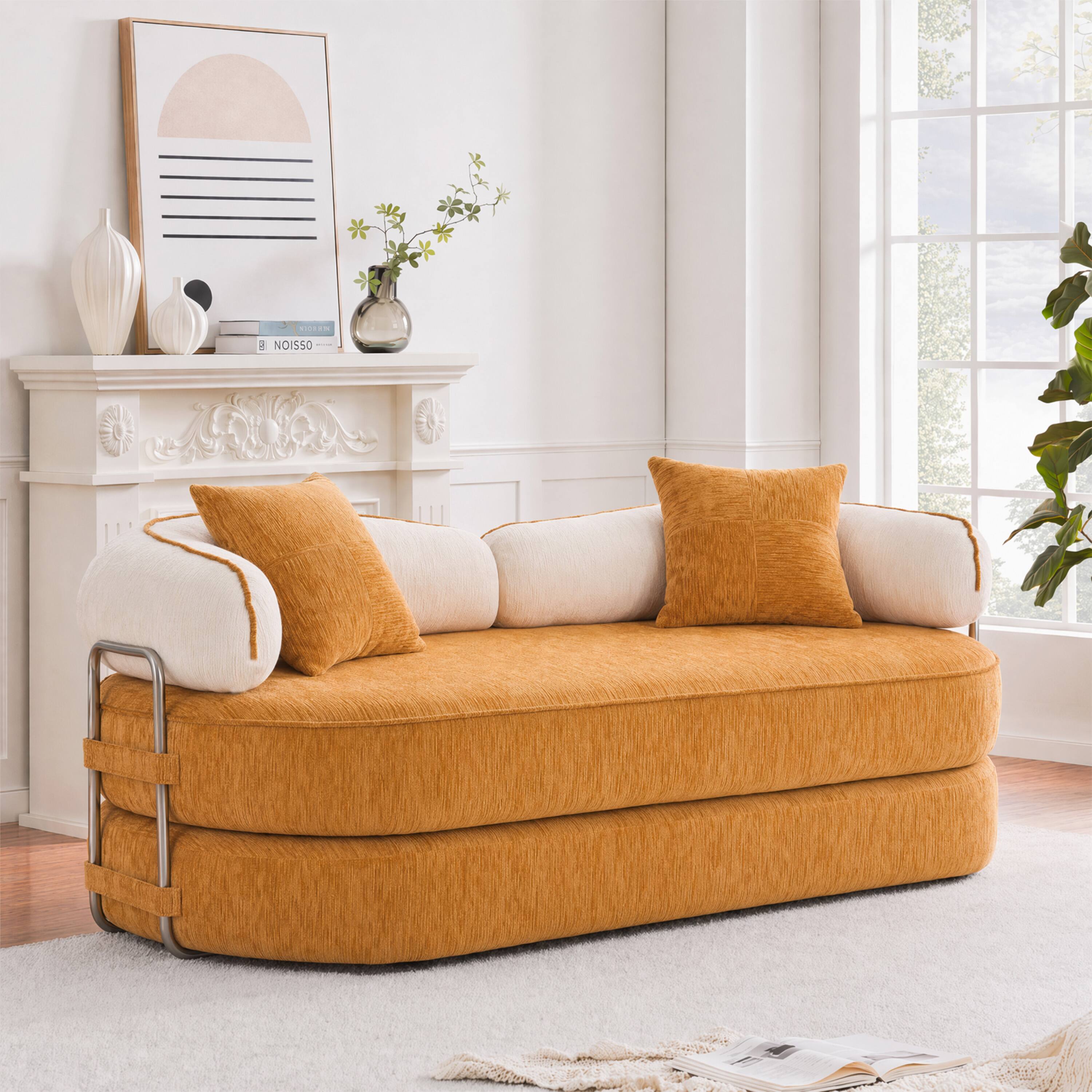 Angle. Vipbear - Curved Loveseat with 4 Pillows, Modern Boneless Couch, Convertible Sleeper Sofa Bed - orange.