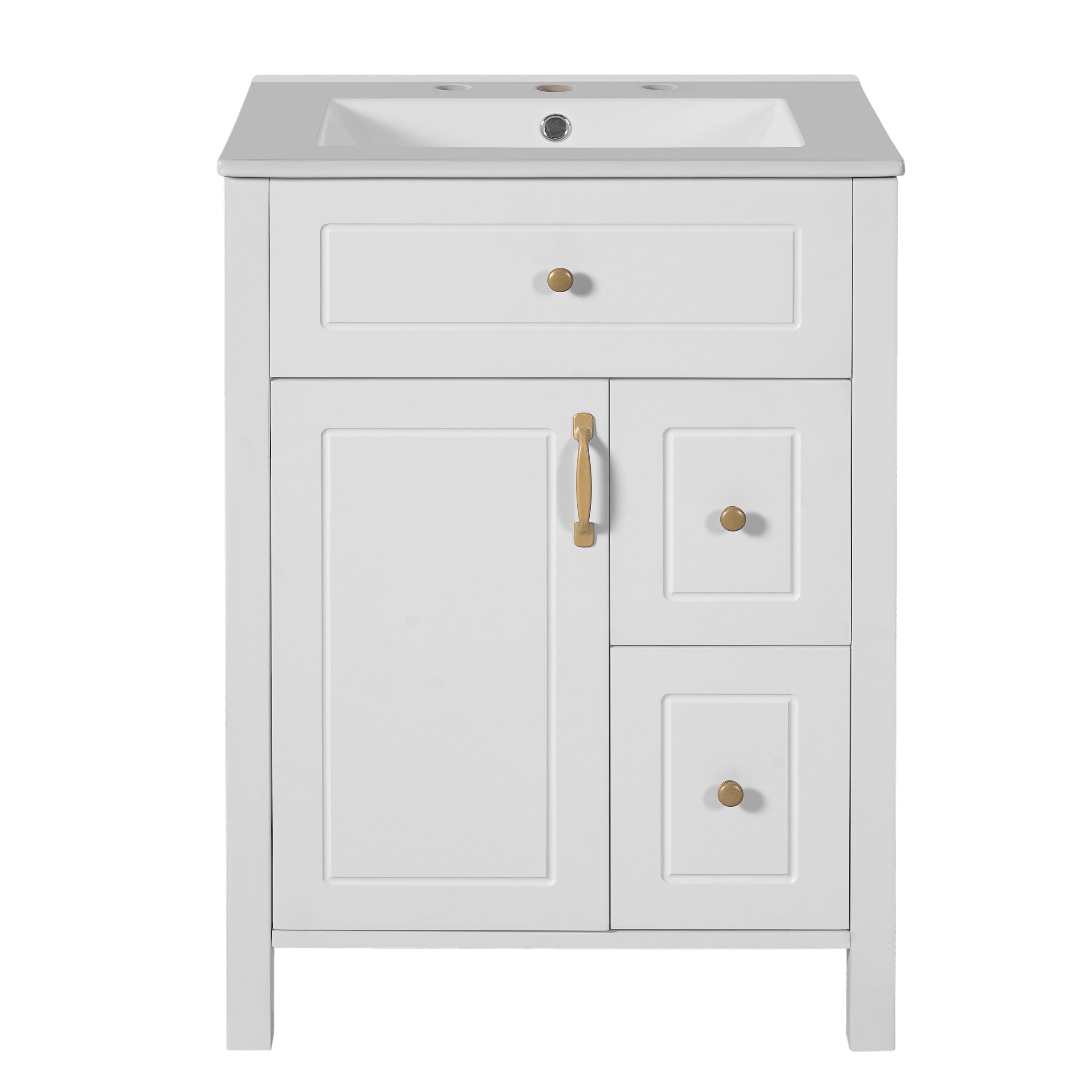 Angle. Boyel Living - 24 Inch White Bathroom Vanity with Ceramic Sink Soft Close Door 2 Soft Close Drawers Double Door Racks - White.