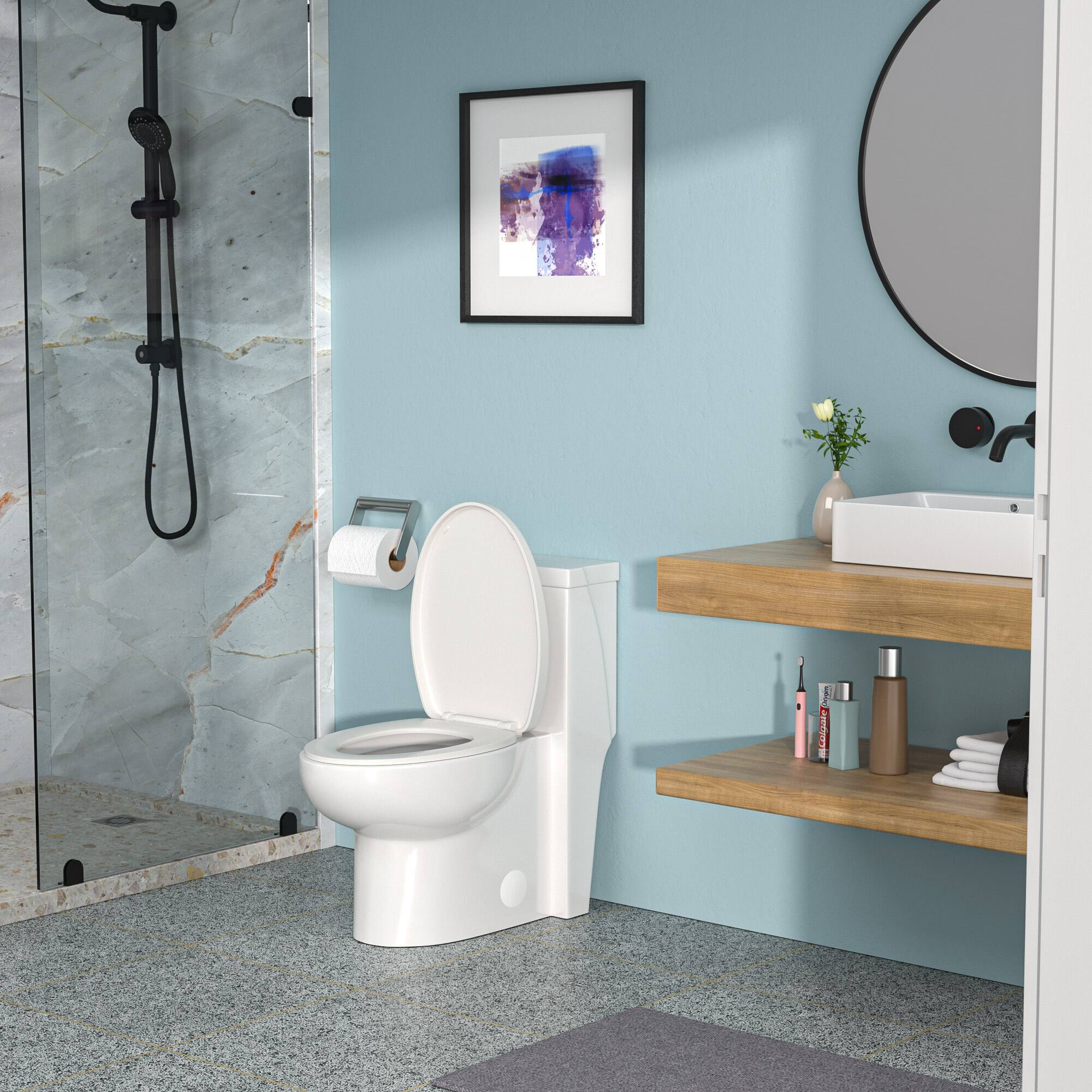 Left. TinyHomie - Ceramic One Piece Toilet Single Flush with Soft Closing Seat - White.
