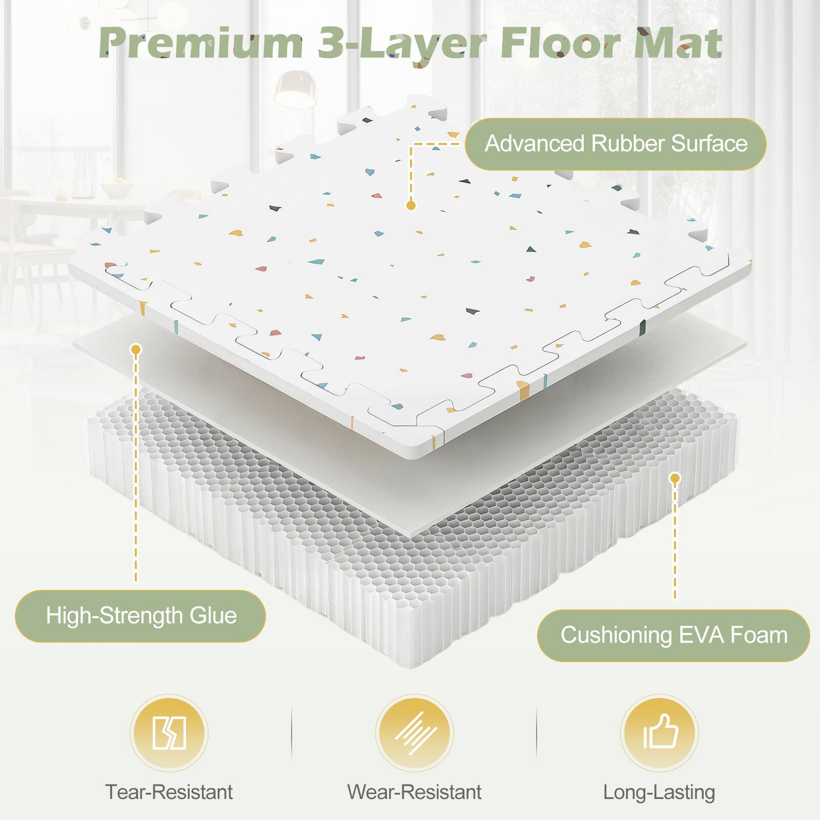 Premium 3-Layer Floor Mat  
Advanced Rubber Surface  
High-Strength Glue  
Cushioning EVA Foam  
Tear-Resistant  
Wear-Resistant  
Long-Lasting