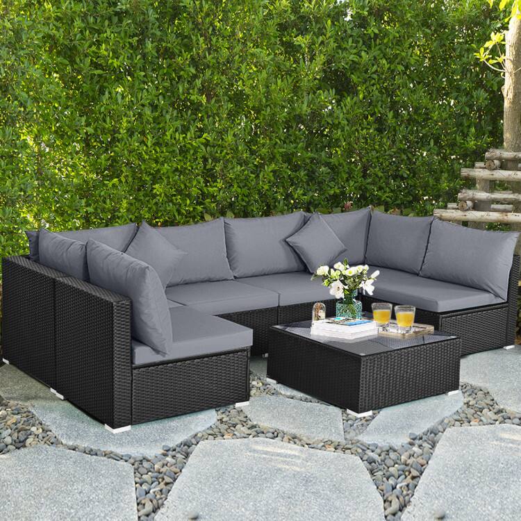 Alt View 3. Mondawe - 7-Piece Sectional Wicker Sofa Set w/ Tempered Glass Table, Outdoor Patio Conversation Set with Cushions - Grey.