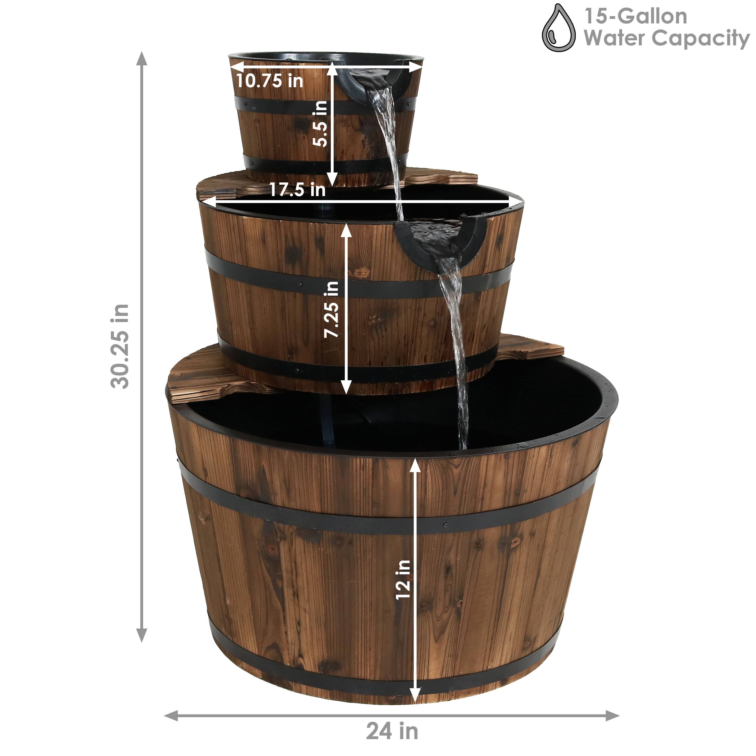 15-Gallon Water Capacity

- 24 in (width)
- 12 in (depth)
- 30.25 in (height)
- 7.25 in (height of the top tier)
- 17.5 in (height of the middle tier)
- 10.75 in (height of the bottom tier)
- 5.5 in (height of the spout)