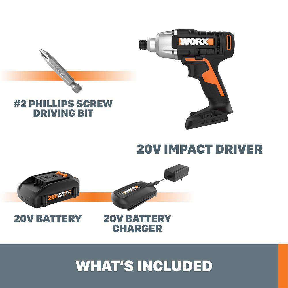WORX #2 PHILLIPS SCREW DRIVING BIT  
20V IMPACT DRIVER  
20V BATTERY  
20V BATTERY CHARGER  

WHAT'S INCLUDED