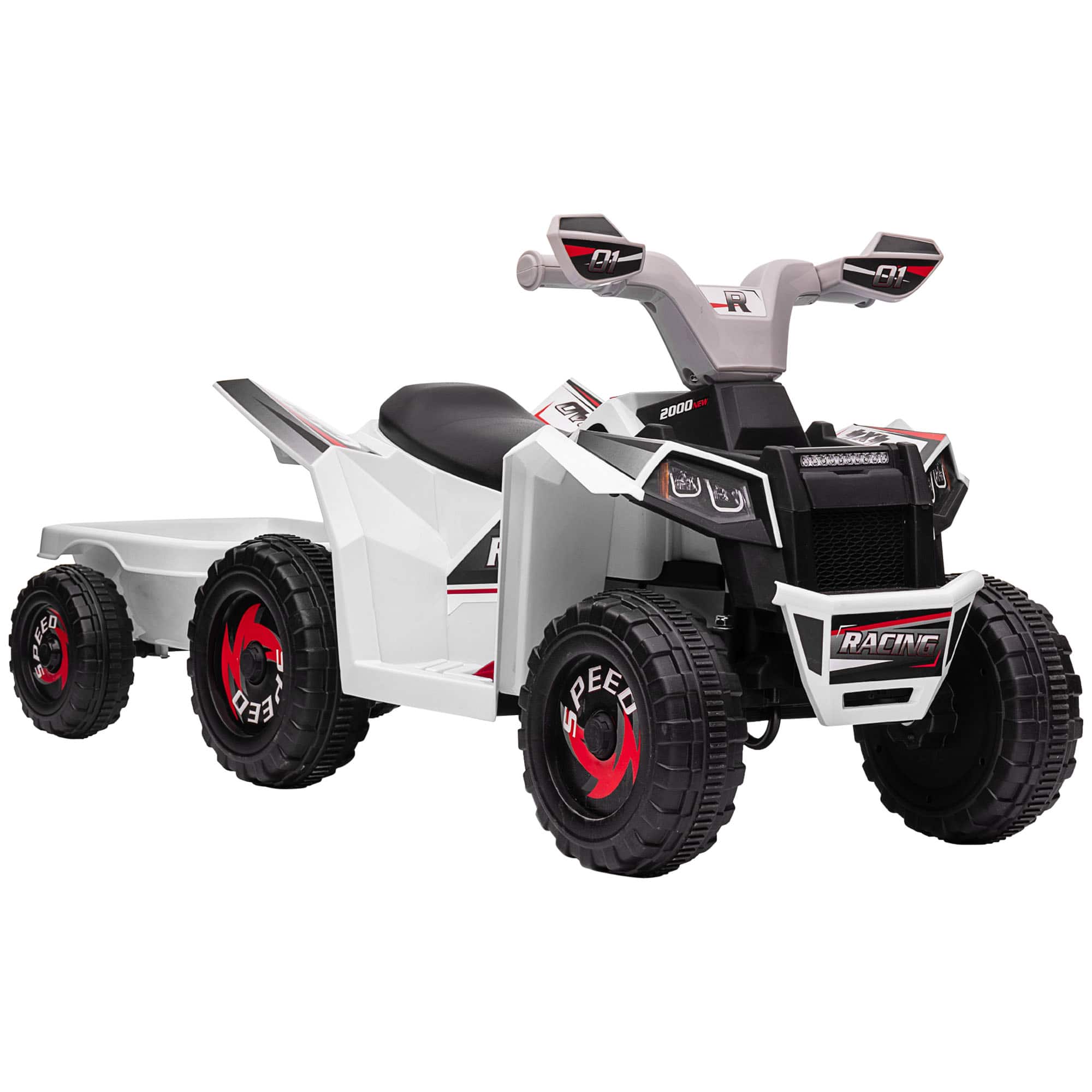 Ecooso - Kids 6V Electric ATV Quad Ride-On with Trailer, Forward & Reverse Drive, and Wear-Resistant Wheels for Ages 18–36 Months - White