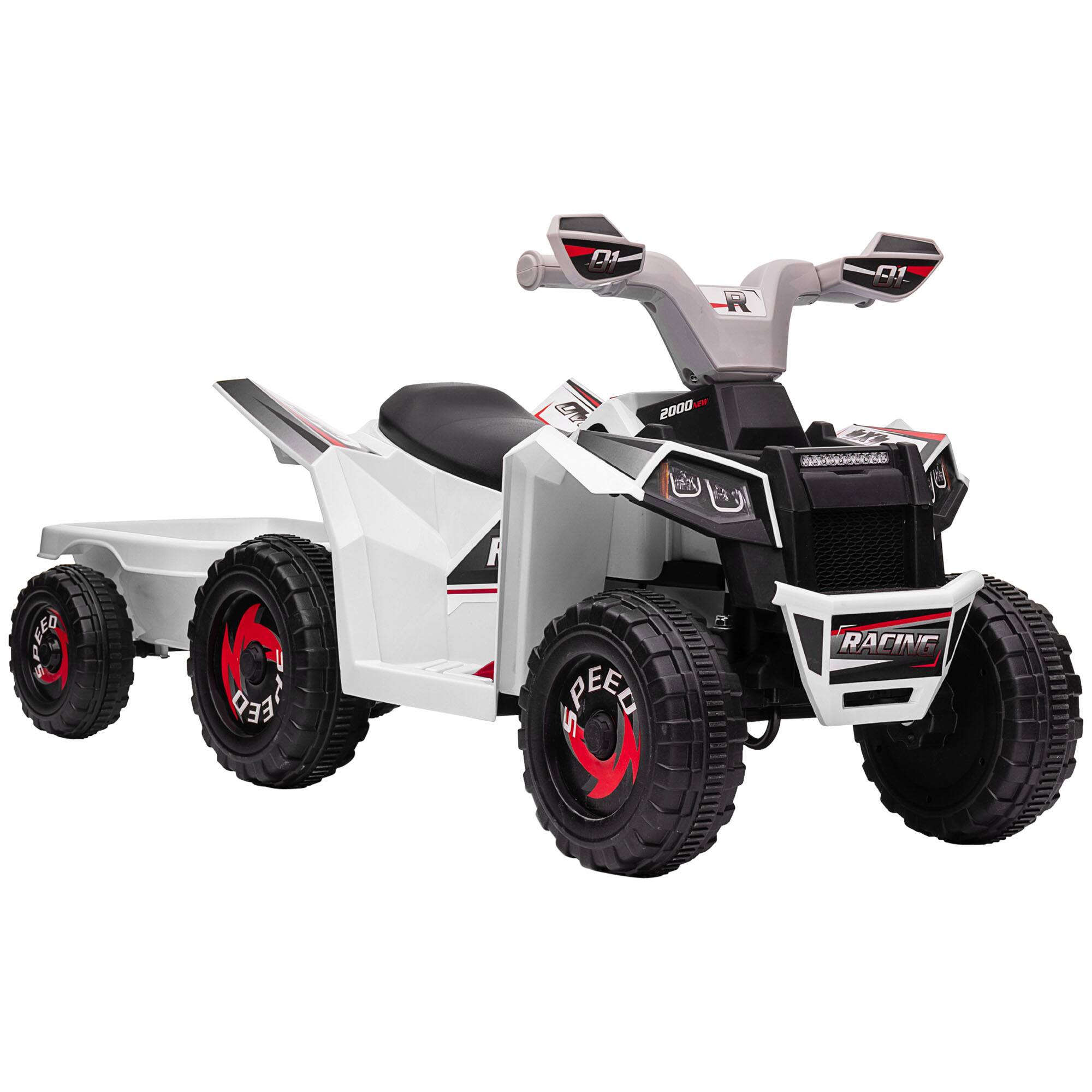 Ecooso - Kids 6V Electric ATV Quad Ride-On with Trailer, Forward & Reverse Drive, and Wear-Resistant Wheels for Ages 18–36 Months - White