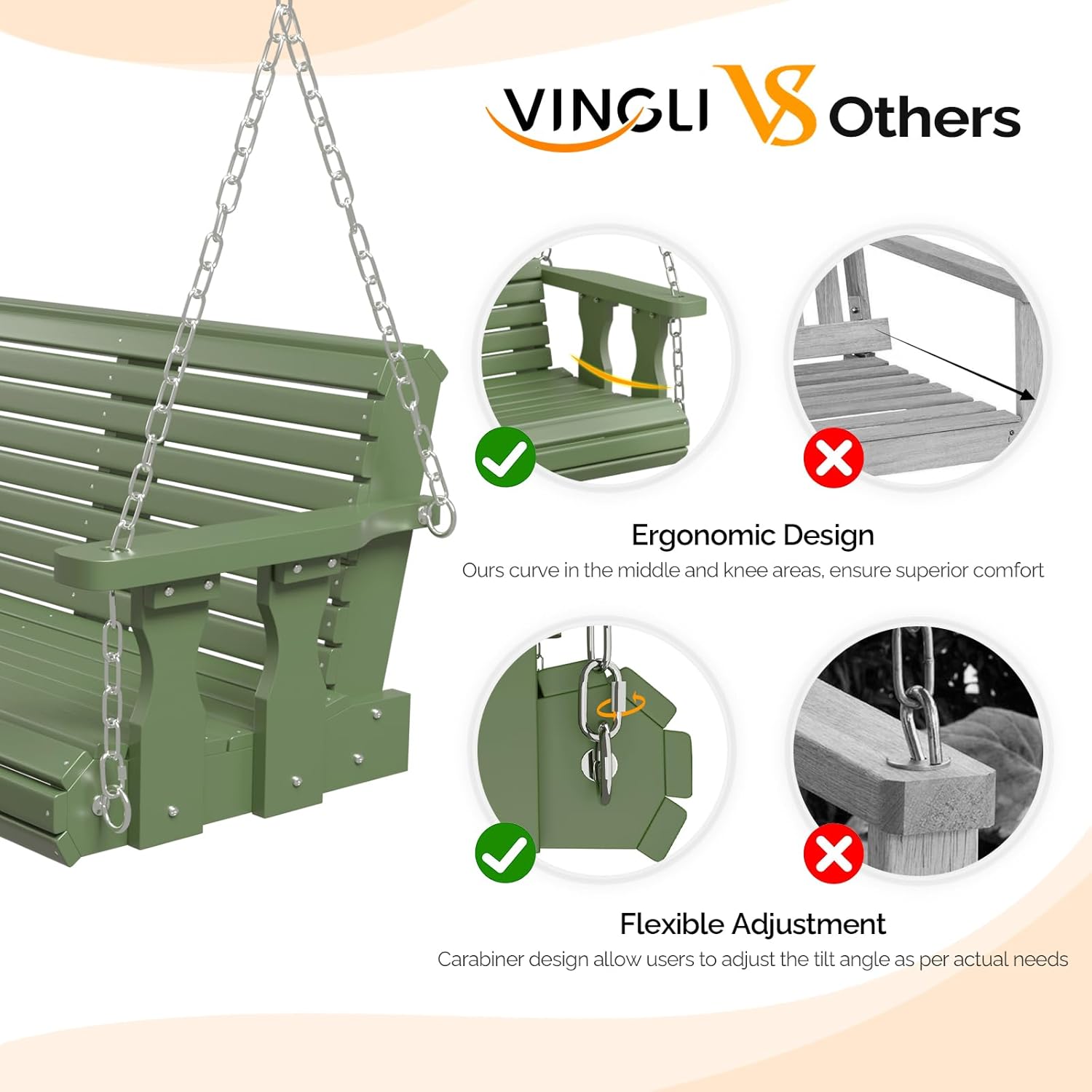 VINGLI VS Others

Ergonomic Design  
Ours curve in the middle and knee areas, ensure superior comfort

Flexible Adjustment  
Carabiner design allow users to adjust the tilt angle as per actual needs
