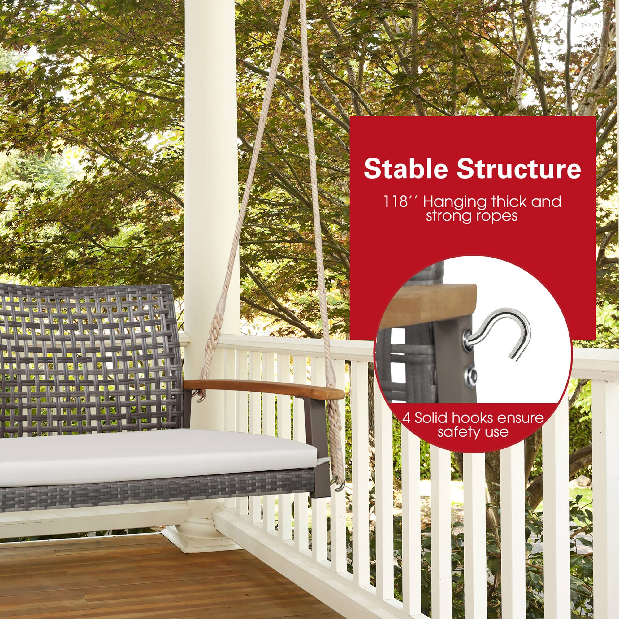 Alt View 7. Gymax - Gymax Rattan Patio Porch Swing 2-Person Cushioned Swing Chair Bench w/ Hanging Ropes Off White - Off White.