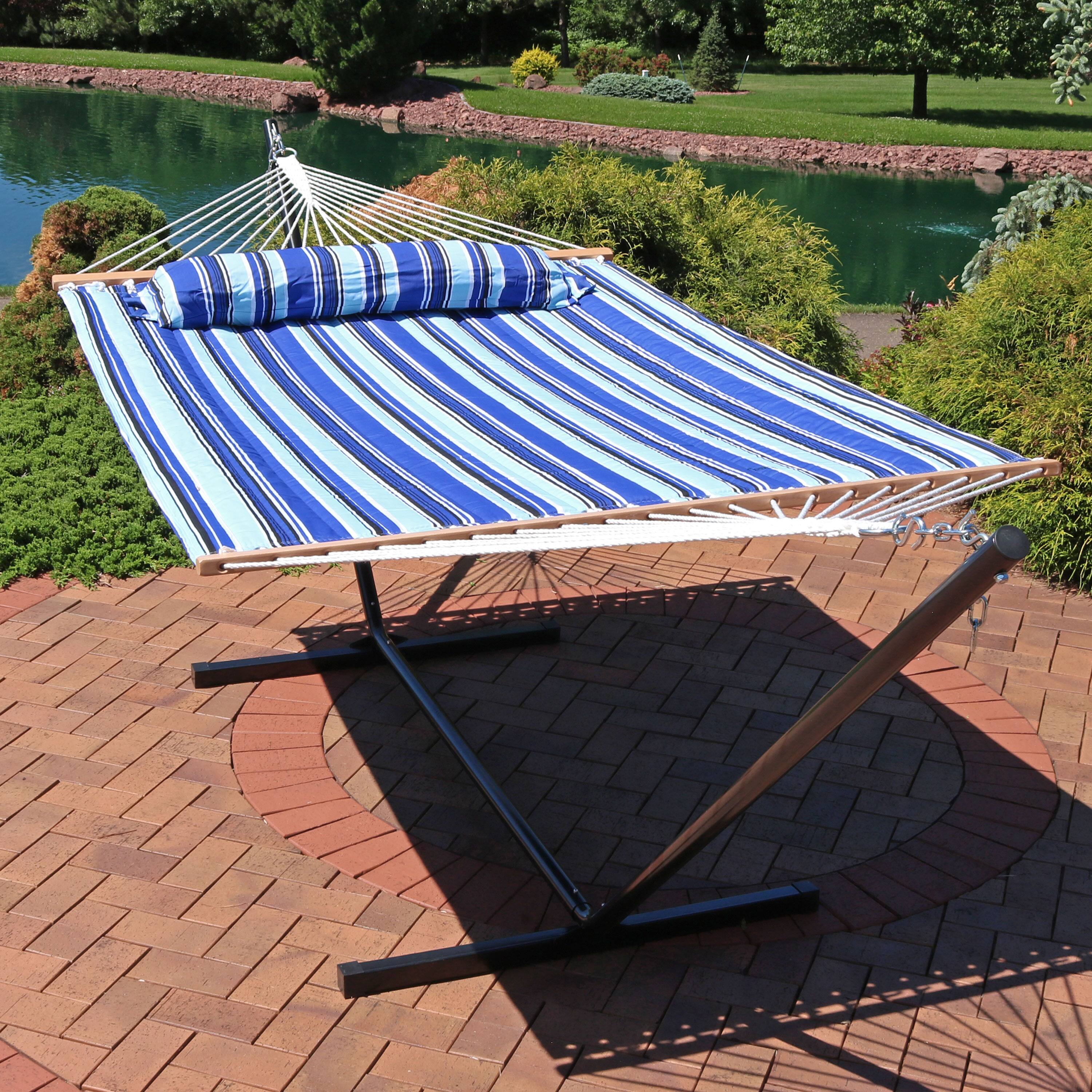 Alt View 3. Sunnydaze - 2-Person Quilted Fabric Hammock with Steel Stand - Catalina Beach.