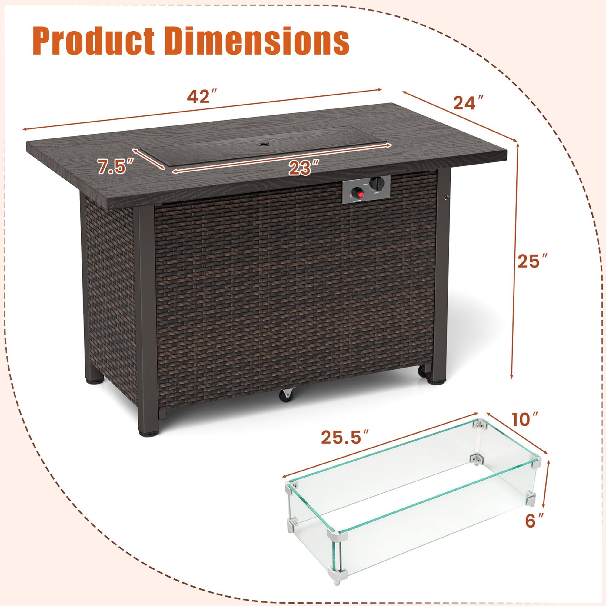 Product Dimensions

- Length: 42"
- Width: 24"
- Height: 25"
- Depth: 25.5"
- Glass Top Thickness: 6"
- Glass Top Length: 25.5"
- Glass Top Width: 10"
- Front Overhang: 7.5"
- Side Overhang: 23"