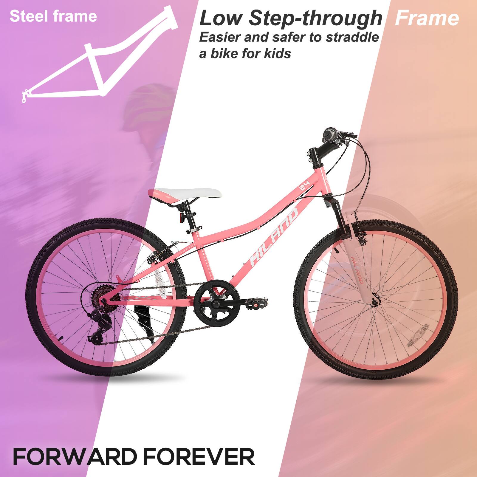 Steel frame  
Low Step-through Frame  
Easier and safer to straddle a bike for kids  

FORWARD FOREVER
