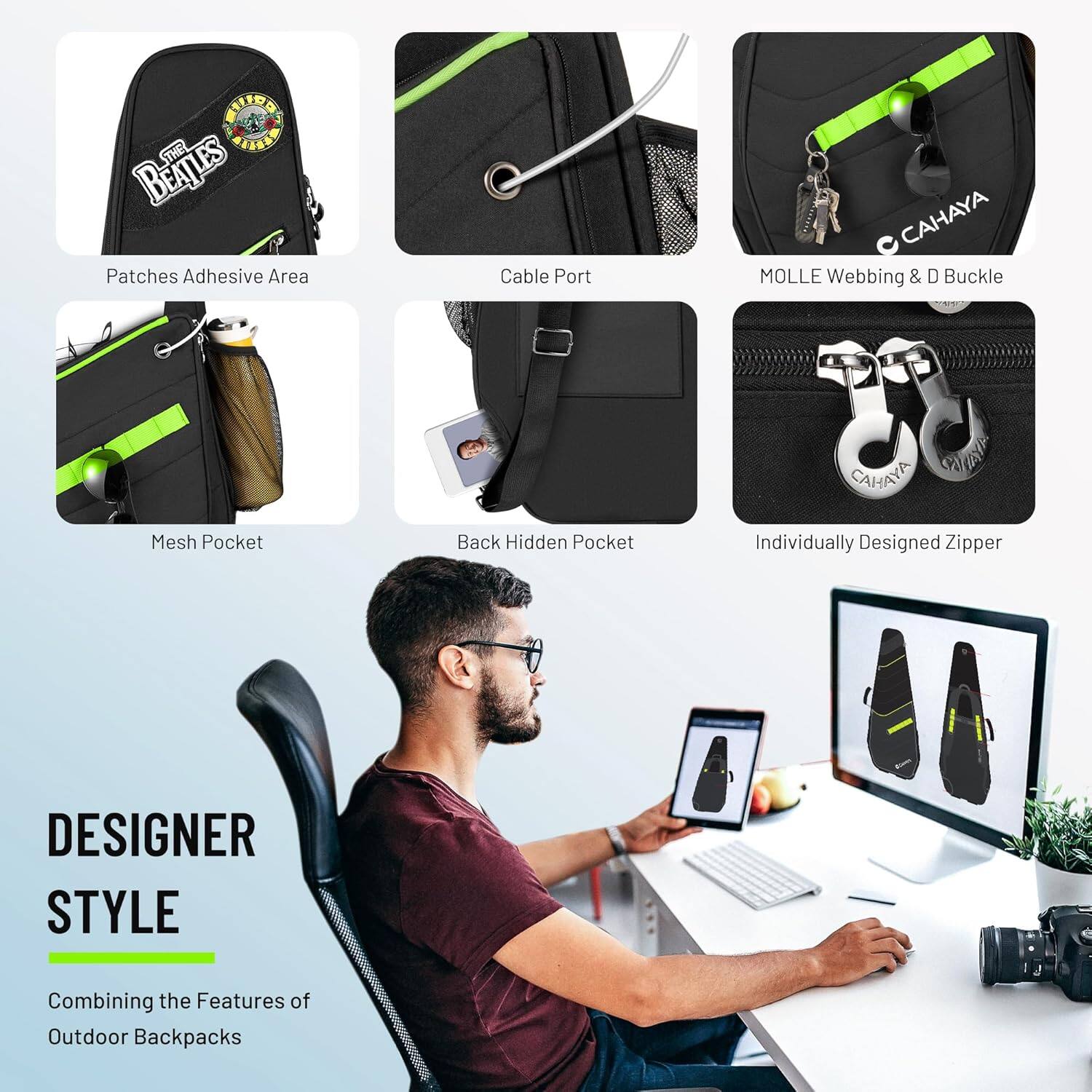 AIEOS THE BEATLES Patches Adhesive Area Cable Port CAHAYA MOLLE Webbing & D Buckle CAHAYA AS Mesh Pocket Back Hidden Pocket Individually Designed Zipper DESIGNER STYLE Combining the Features of Outdoor Backpacks