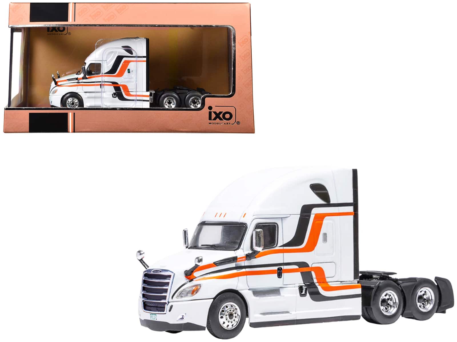 2018 Freightliner Cascadia Truck Tractor with Black and Orange Stripes 1/64 Diecast Model by IXO Models - White