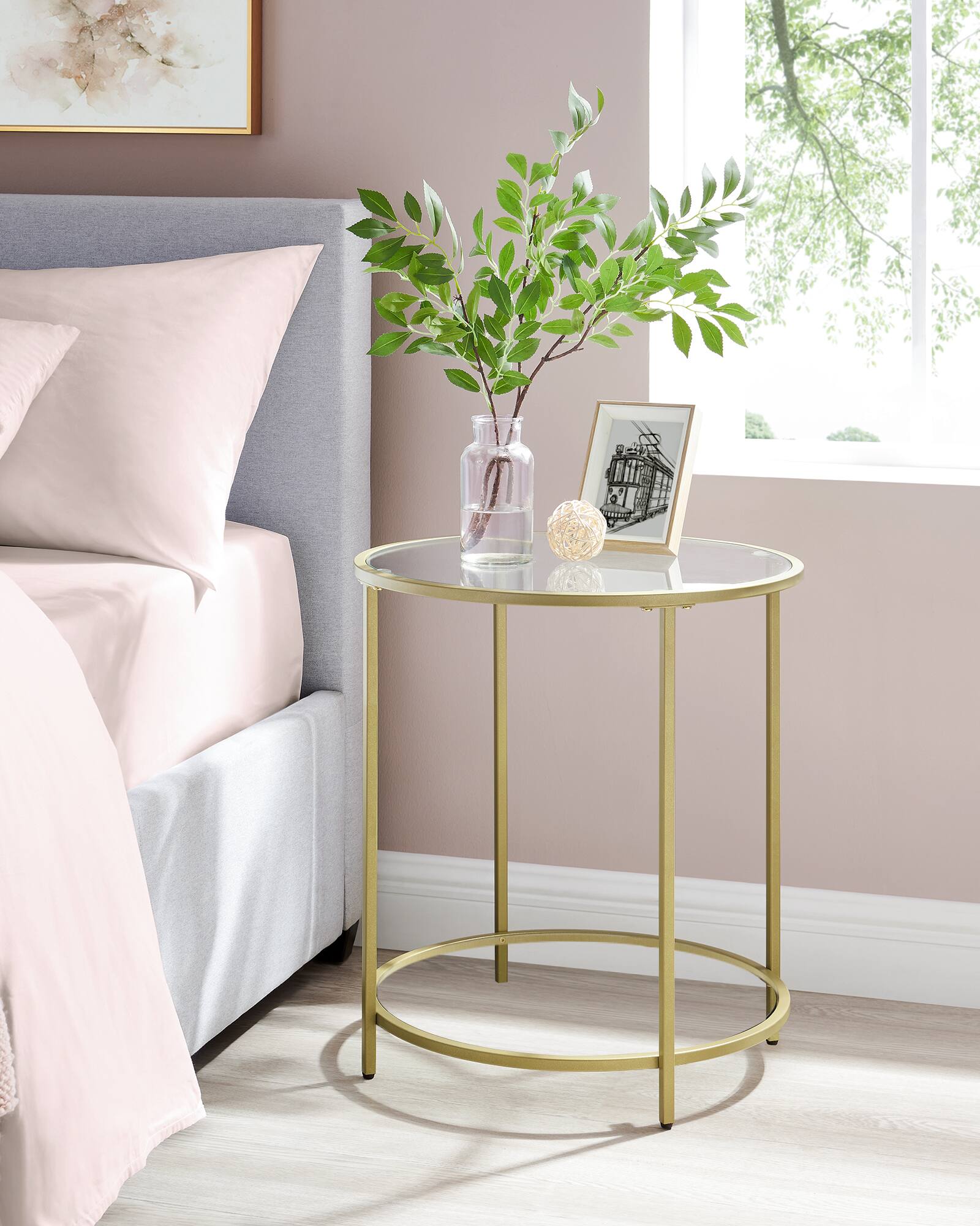 Left. Songmics Home - Round Side Table, Glass End Table with Metal Frame, Gold Coffee Table with Modern Style, for Living Room, Balcony - Gold.