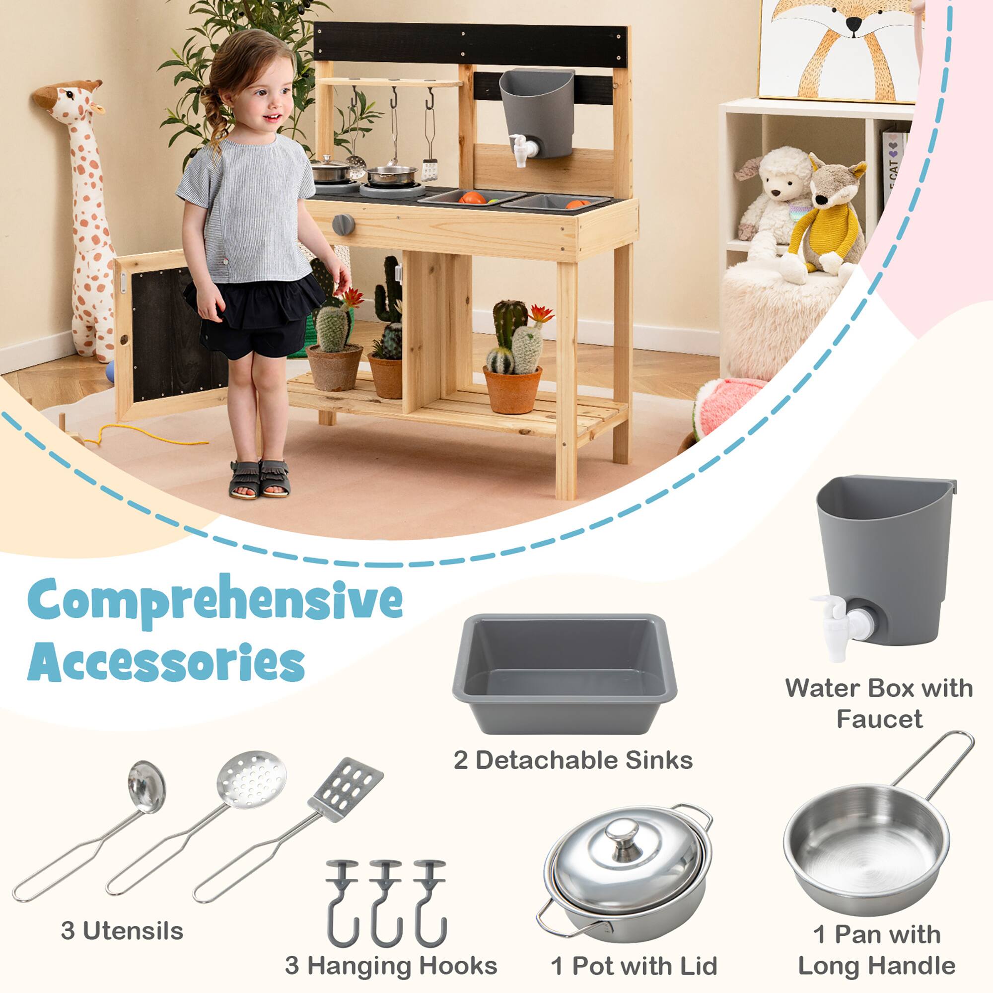 CAT Comprehensive Accessories  
2 Detachable Sinks  
Water Box with Faucet  
3 Utensils  
3 Hanging Hooks  
1 Pot with Lid  
1 Pan with Long Handle