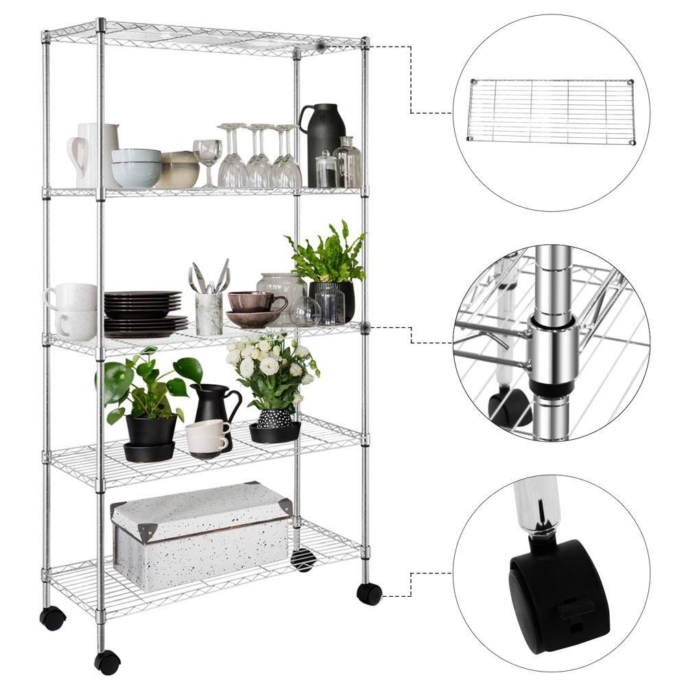 Alt View 2. Winado - 65" x 36" x 14" 5 Tier Commercial NSF Heavy Duty Storage Shelf Adjustable Wire Metal Shelving Rack Unit w/Rolling Wheels - Silver.