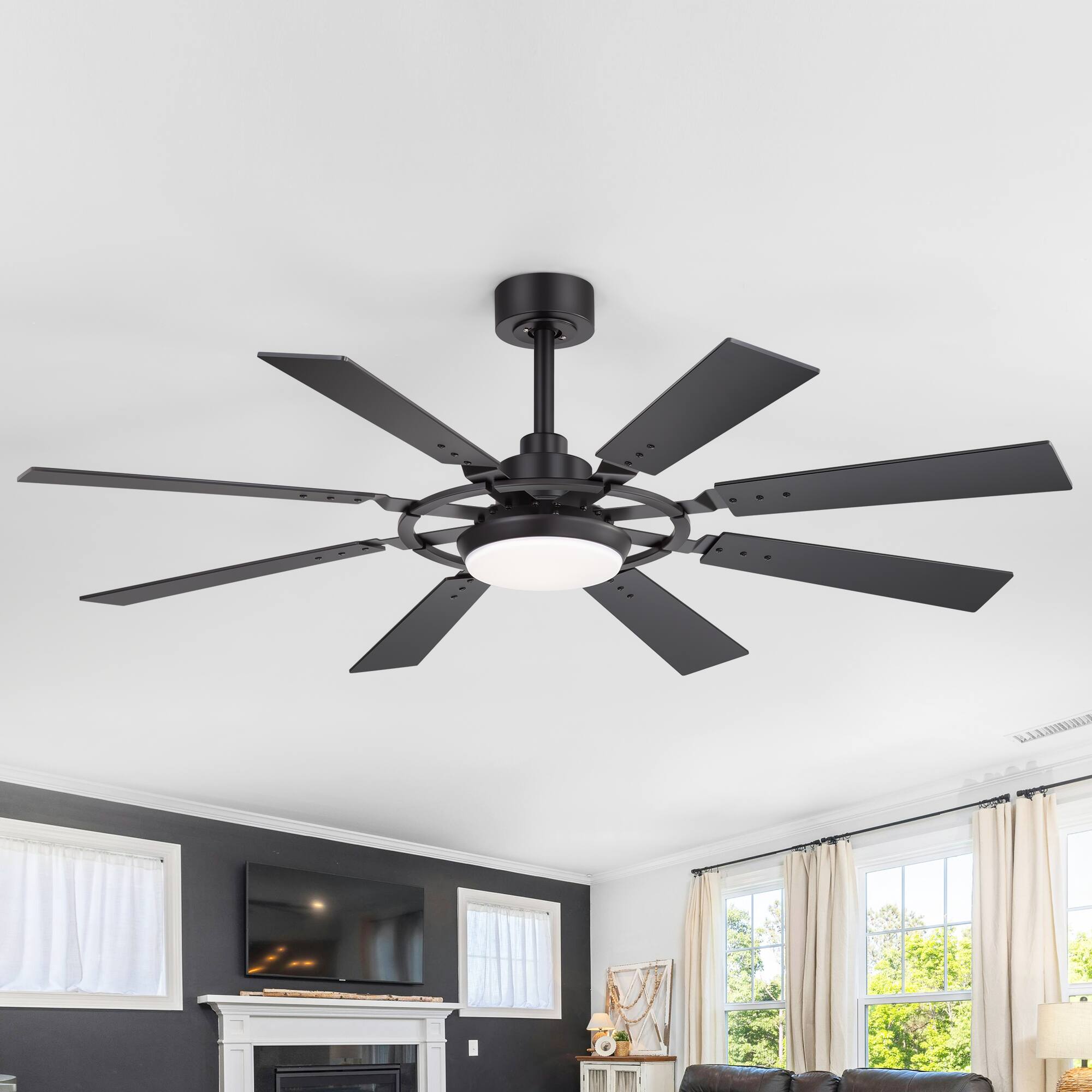 Alt View 1. Breezary - 52'' Large Ceiling Fan with 3-Color LED Light, 6-Speed DC Motor, Remote& 4″/8″ Downrods, Timer, 8 ABS Blades - Matte Black.