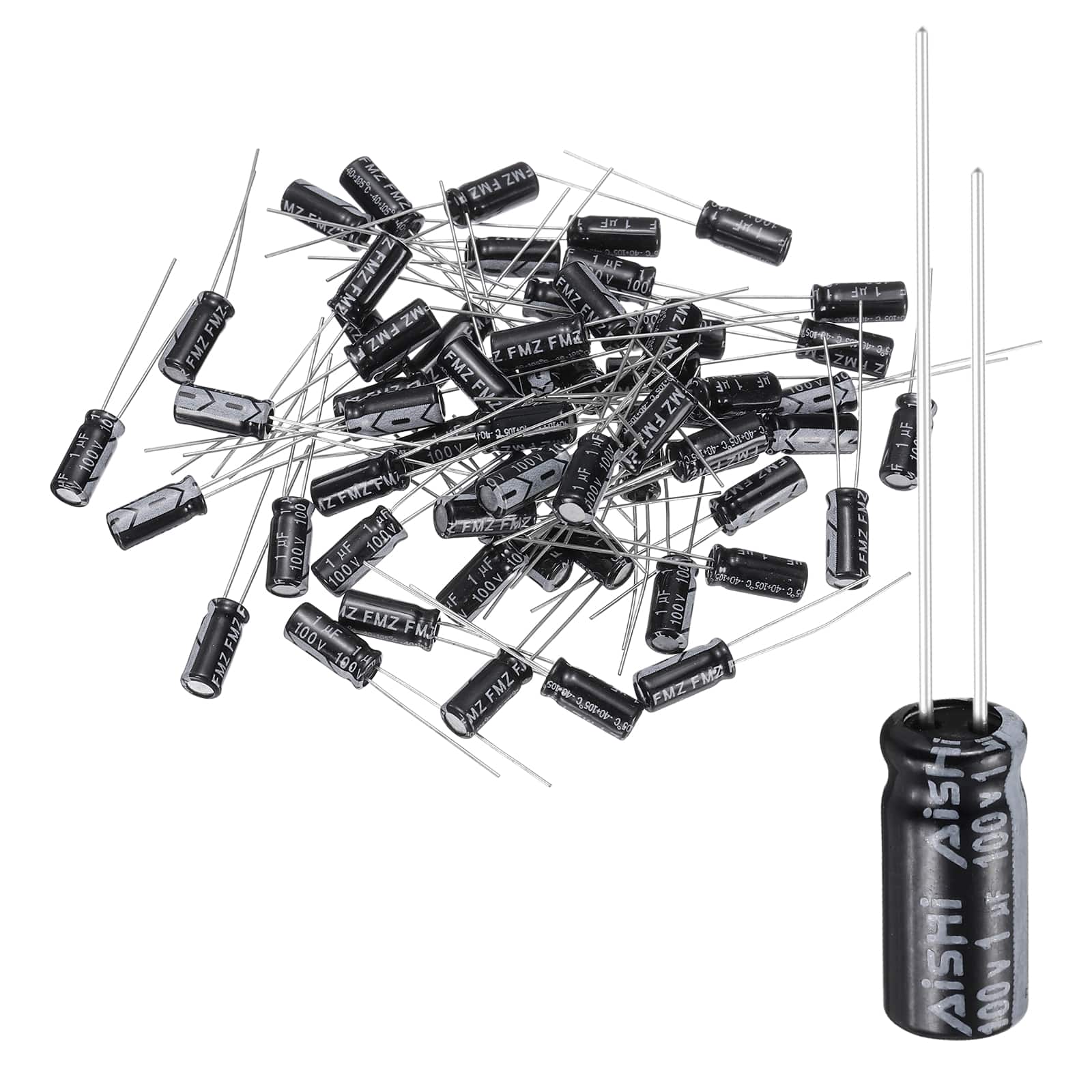 Unique Bargains - 1uF 100V 5x11mm Electrolytic Capacitor, 105C High Temp Radial Leads, for TVs/LCDs/VCD, 60pcs - Black price history on PriceWatchPro