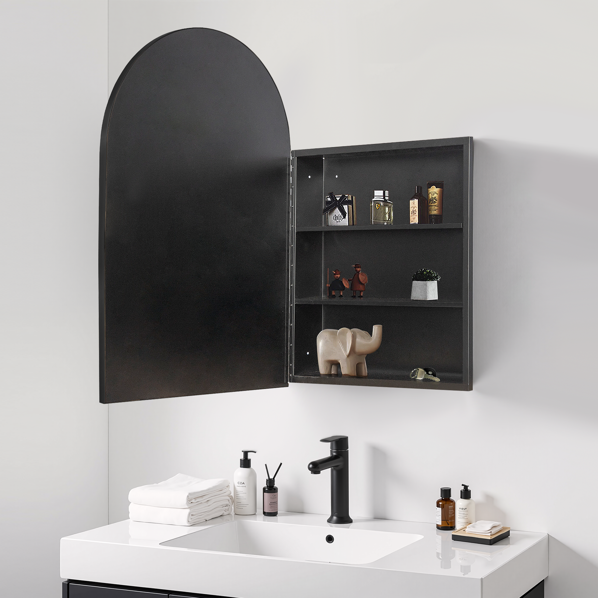Alt View 3. PexFix - 24" x 36" Arched Mirror Medicine Cabinet - Metal Frame, Recessed or Surface Mount for Bathroom Storage - Black.