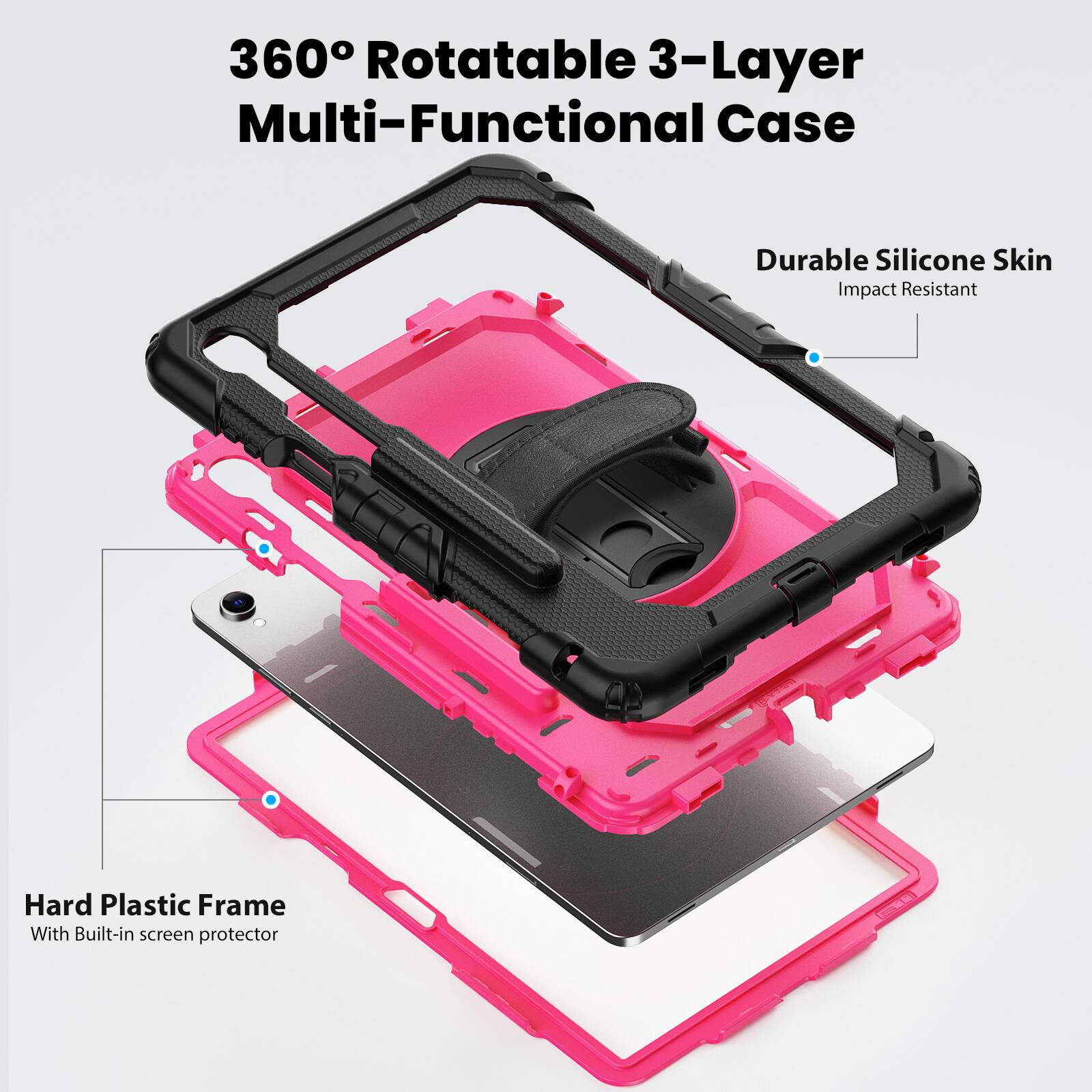 360° Rotatable 3-Layer Multi-Functional Case

Durable Silicone Skin
Impact Resistant

Hard Plastic Frame
With Built-in screen protector