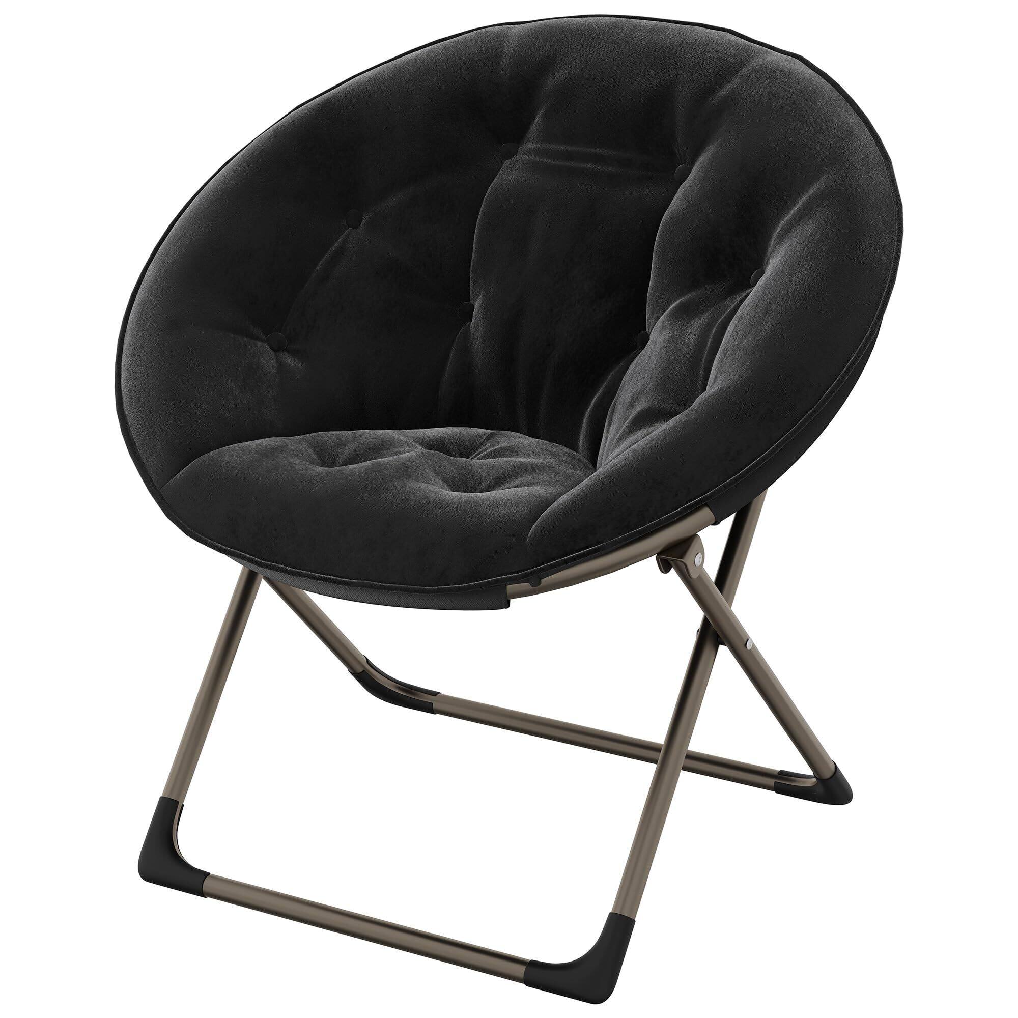 Front. Jojoka - Comfy Oversized Saucer Chair, Soft Faux Fur Folding Moon Chair, - Black.