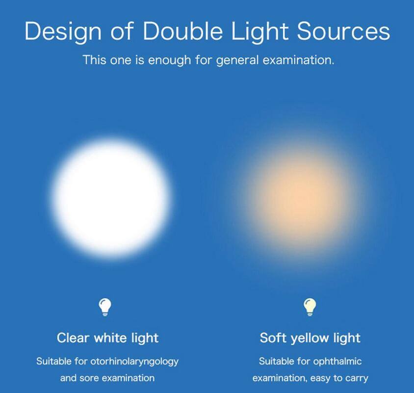 Design of Double Light Sources  
This one is enough for general examination.  

Clear white light  
Suitable for otorhinolaryngology and sore examination  

Soft yellow light  
Suitable for ophthalmic examination, easy to carry