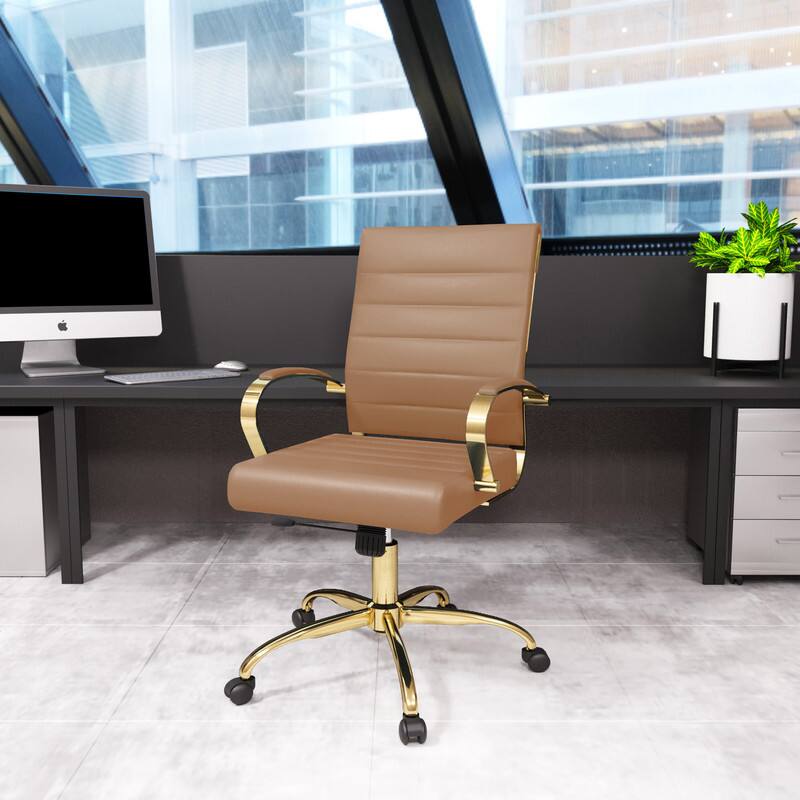 Angle. LeisureMod - (Set of 2) Benmar Leather Office Chair with Gold Accents, Adjustable Height, Swivel Ergonomic Design for Home Office - Brown.