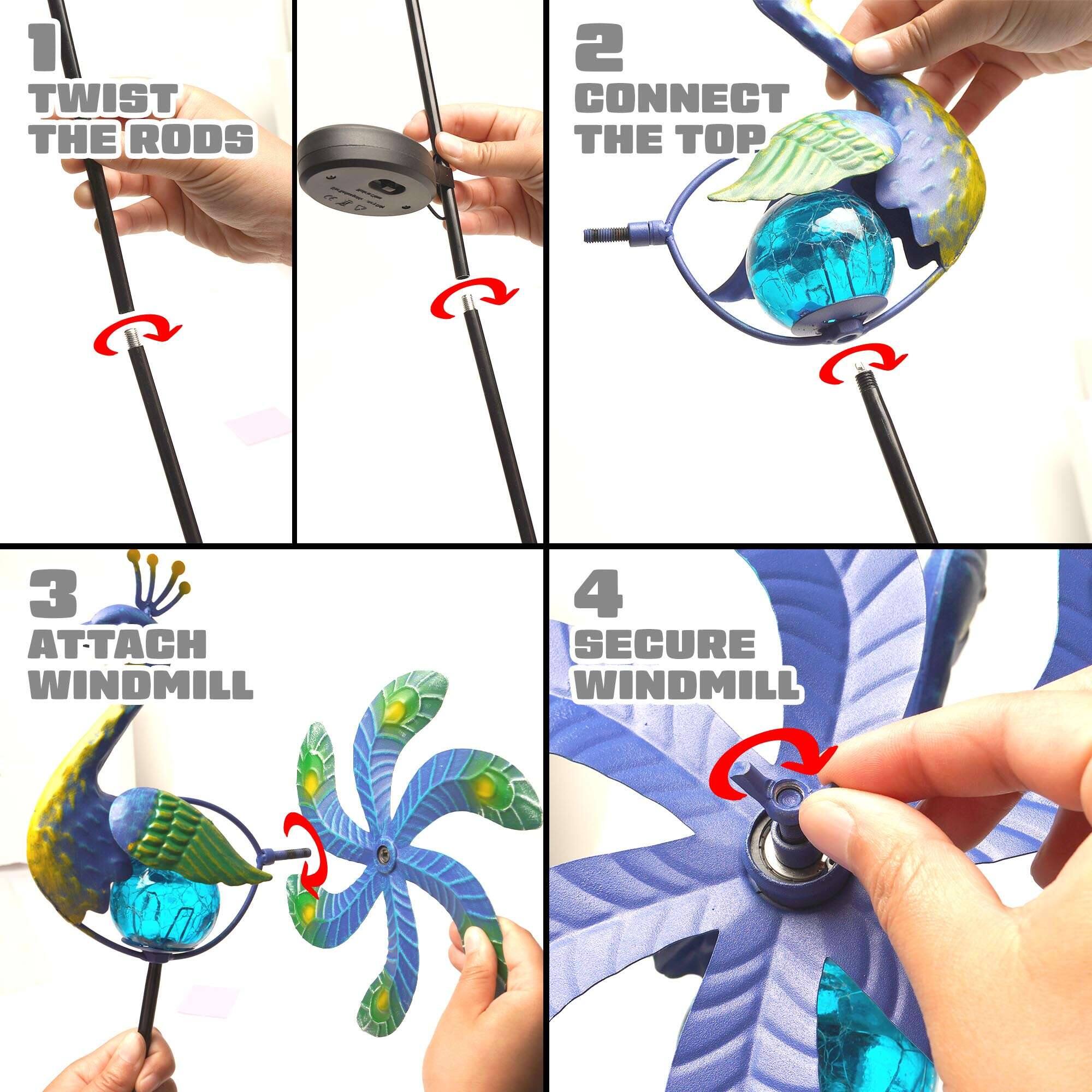 1. Twist the rods  
2. Connect the top  
3. Attach windmill  
4. Secure windmill
