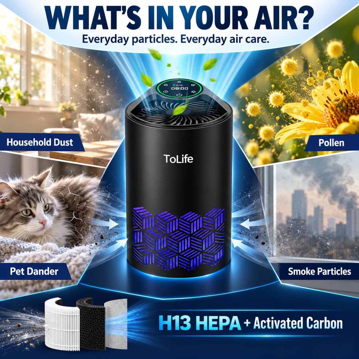 WHAT'S IN YOUR AIR?  
Everyday particles. Everyday air care.  

010 08:00  

Household Dust  
Pollen  
Pet Dander  
Smoke Particles  

H13 HEPA + Activated Carbon