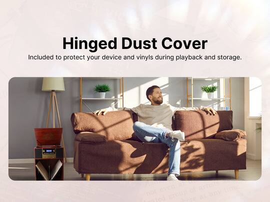 Hinged Dust Cover Included to protect your device and vinyls during playback and storage.