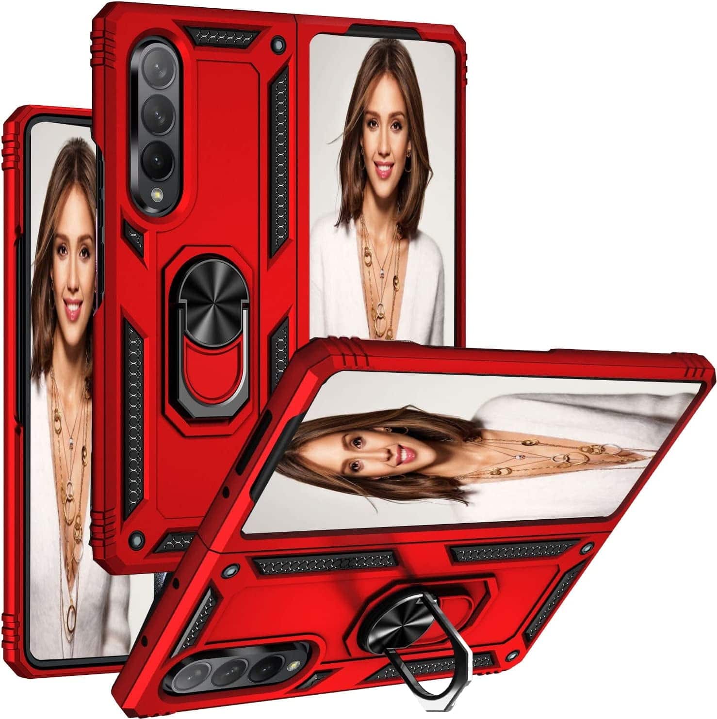 Front. Entronix - Entronix Dual-Layer Protective Case for Samsung Galaxy Z Fold 5 with Built-in Kickstand - Red.