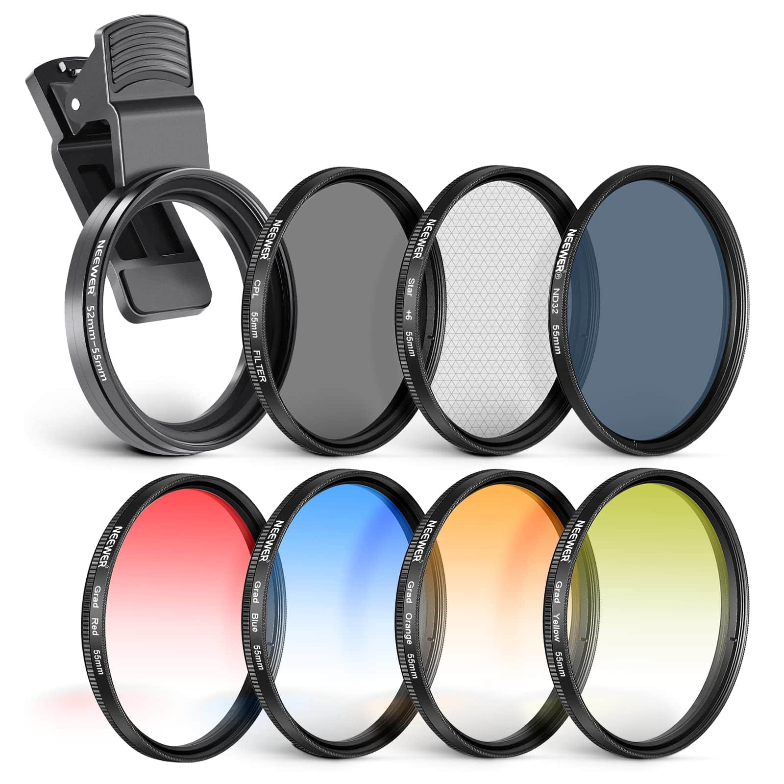 Neewer - 55mm ND/CPL/Star/4 Graduated Color Filter Set with Phone Lens Clamp, iPhone/Samsung