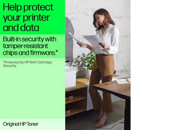 Help protect your printer and data
Built-in security with tamper-resistant chips and firmware.*
*Protected by HP Wolf Cartridge Security.
Original HP Toner