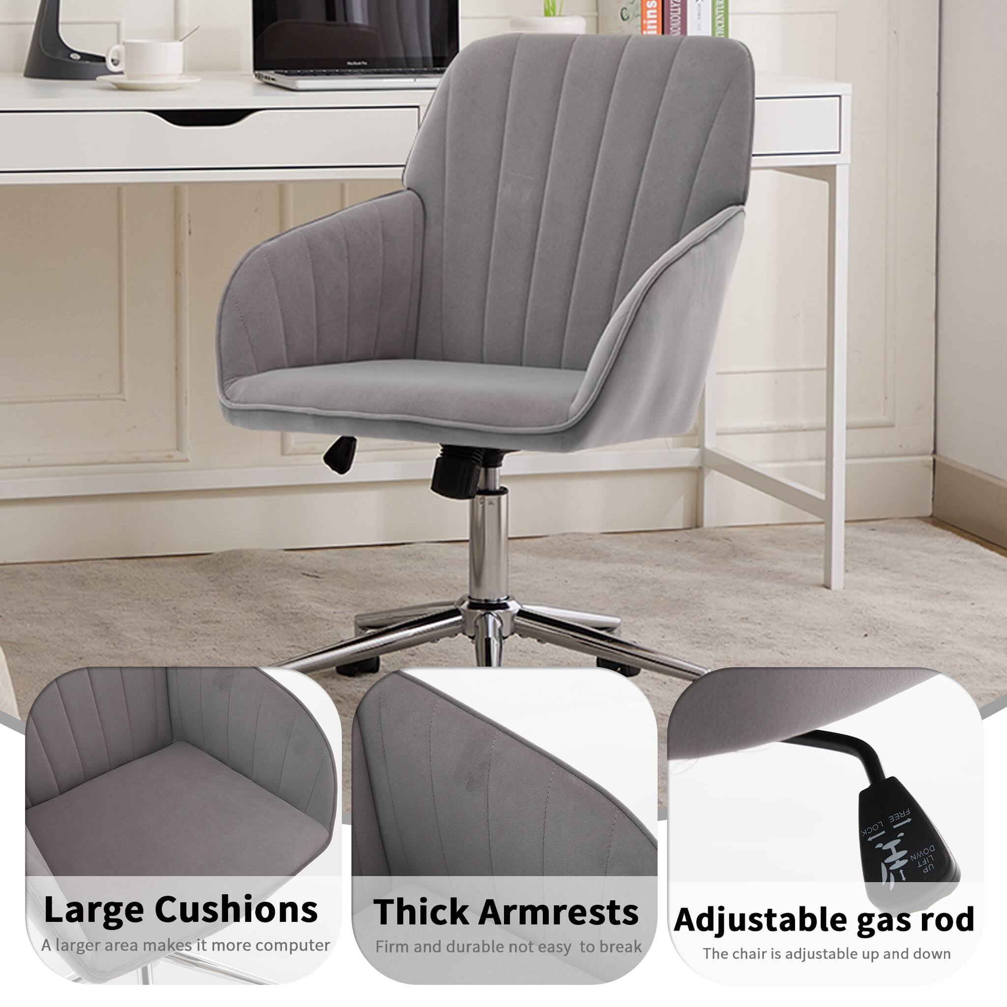 Large Cushions  
A larger area makes it more computer  

Thick Armrests  
Firm and durable not easy to break  

Adjustable gas rod  
The chair is adjustable up and down