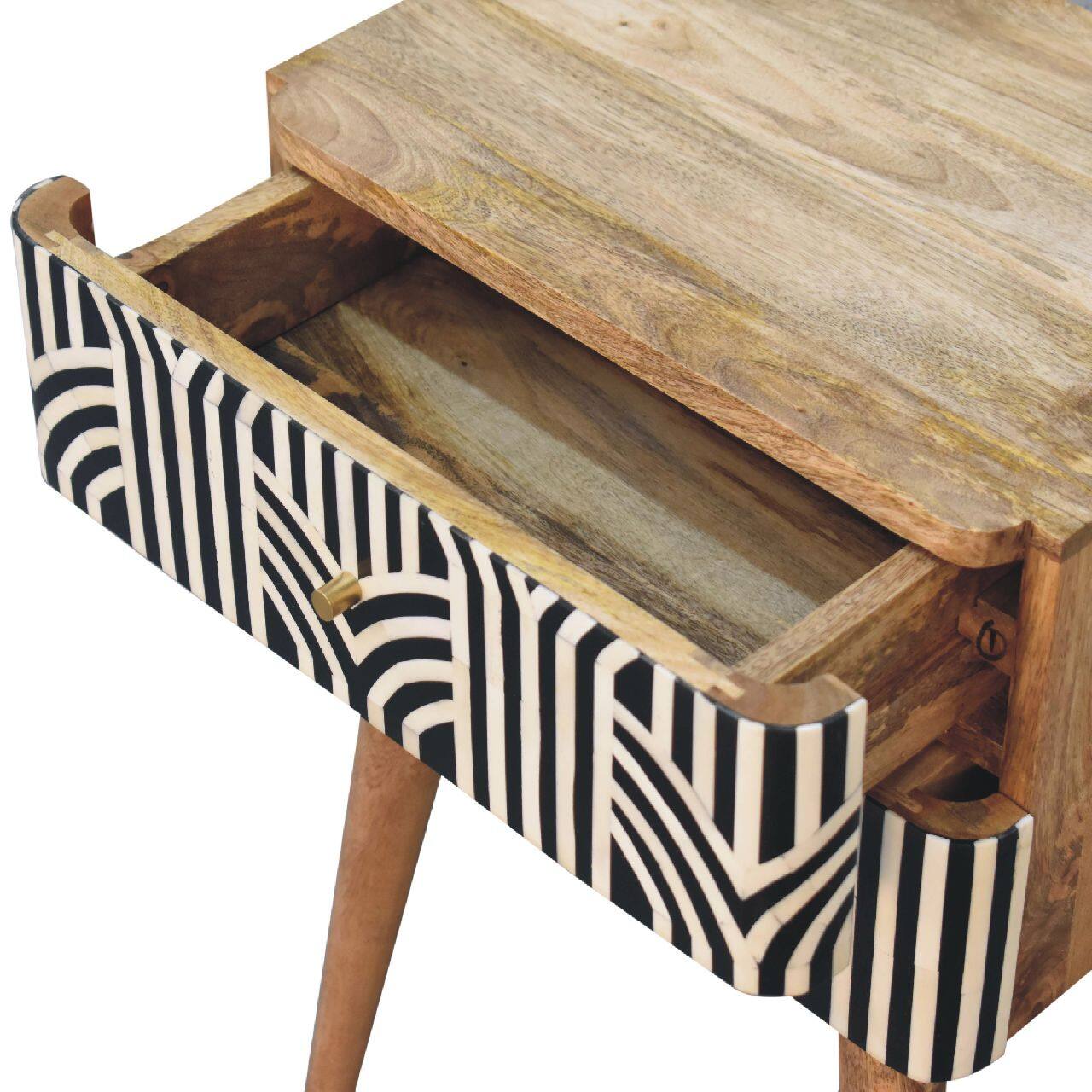 Alt View 2. Artisan Furniture - Artisan Furniture Solid Wood Edessa Bone Inlay Nightstand, 2 Drawers, Nordic legs, Black and White - Oak.