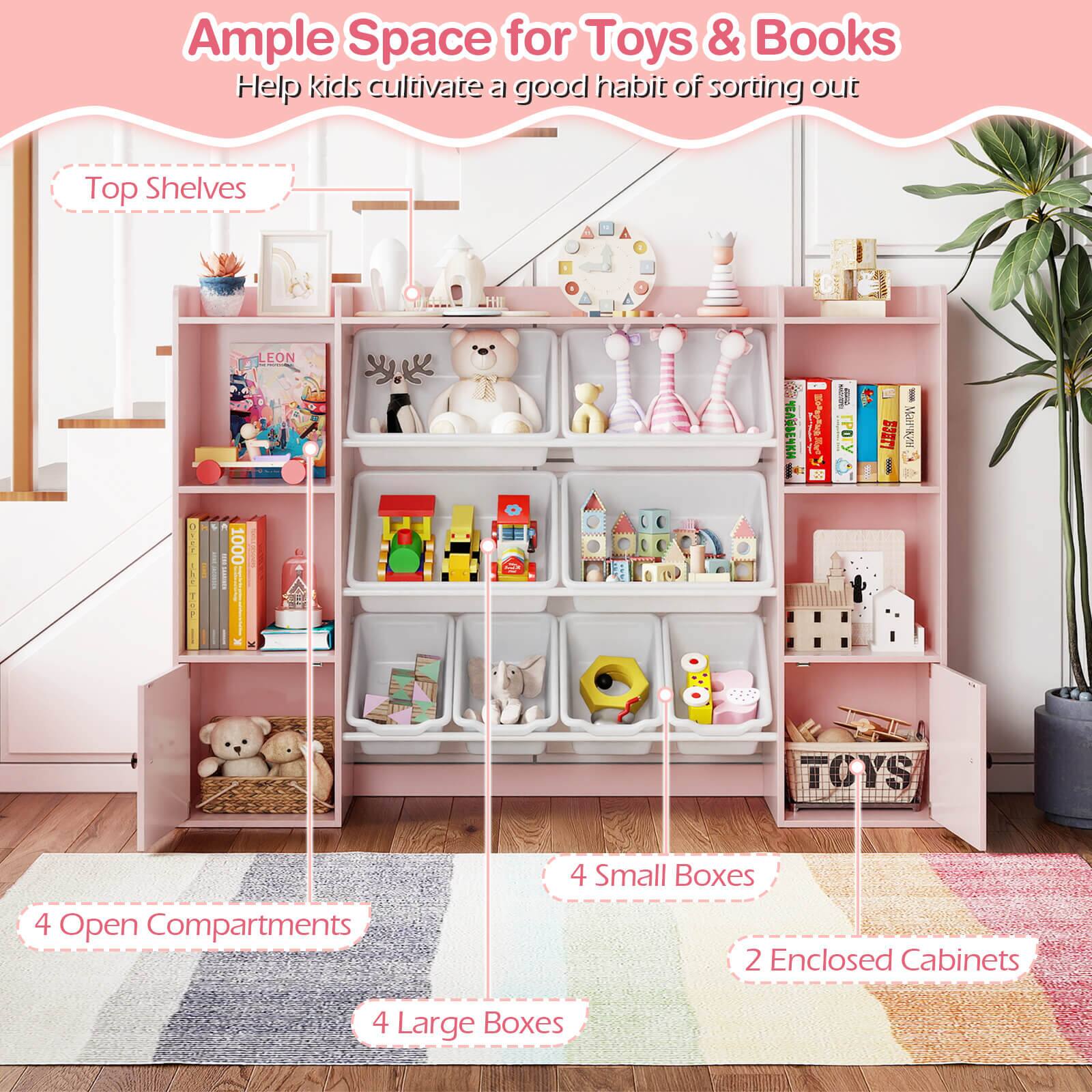 Ample Space for Toys & Books  
Help kids cultivate a good habit of sorting out  

Top Shelves  

4 Open Compartments  
4 Large Boxes  
4 Small Boxes  
2 Enclosed Cabinets
