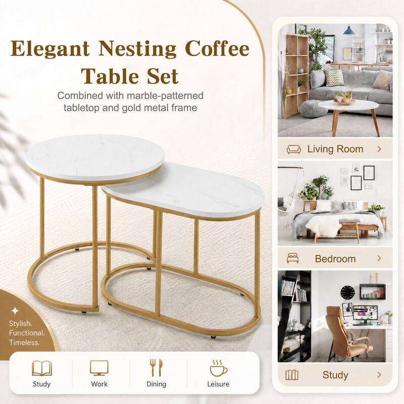 Elegant Nesting Coffee Table Set  
Combined with marble-patterned tabletop and gold metal frame

Living Room  
Bedroom  
Stylish. Functional. Timeless.  
Study  
Work  
Dining  
Leisure  
Study