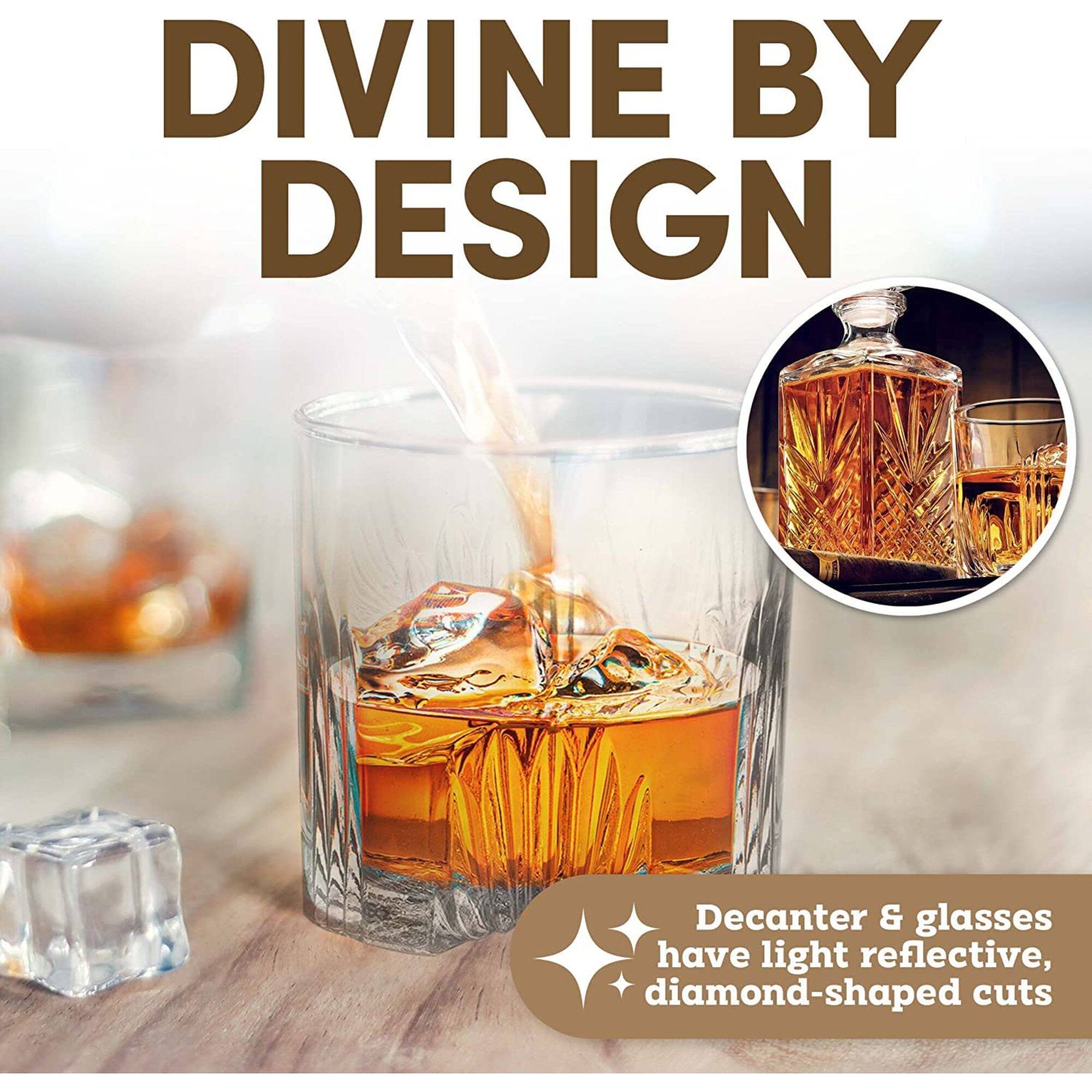 DIVINE BY DESIGN

Decanter & glasses have light reflective, diamond-shaped cuts
