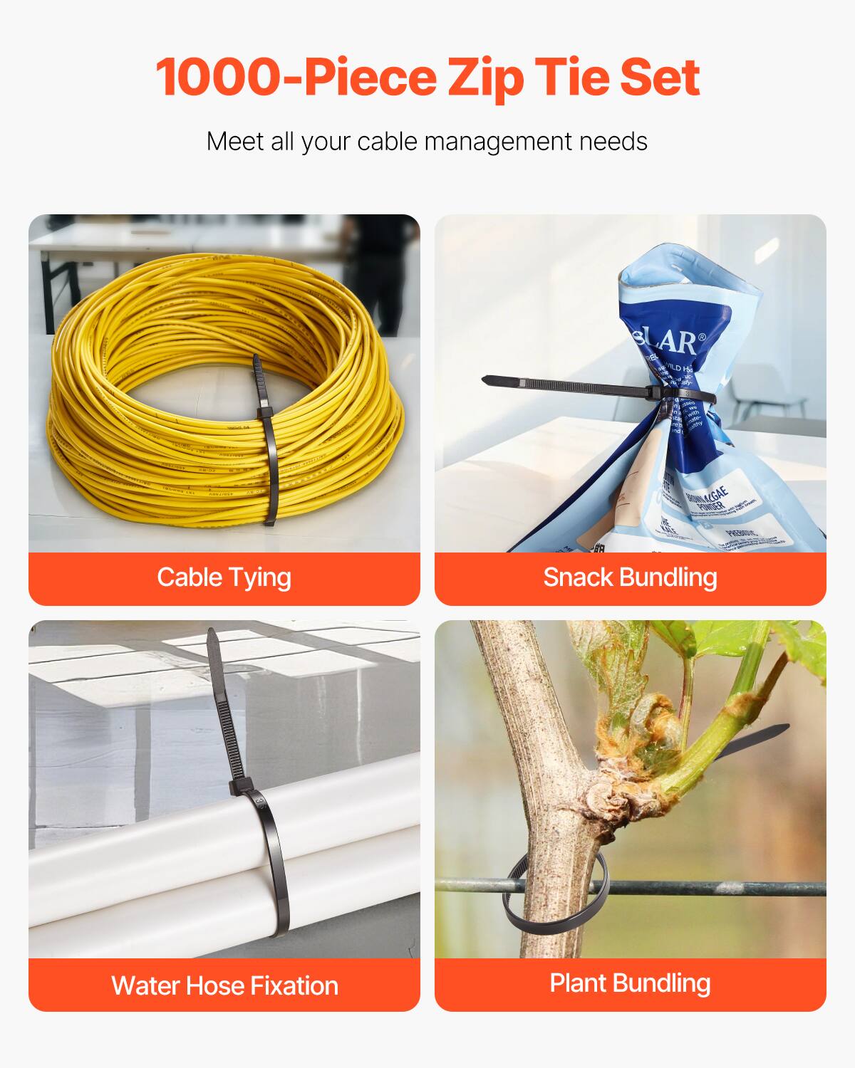 1000-Piece Zip Tie Set  
Meet all your cable management needs

- Cable Tying
- Snack Bundling
- Water Hose Fixation
- Plant Bundling