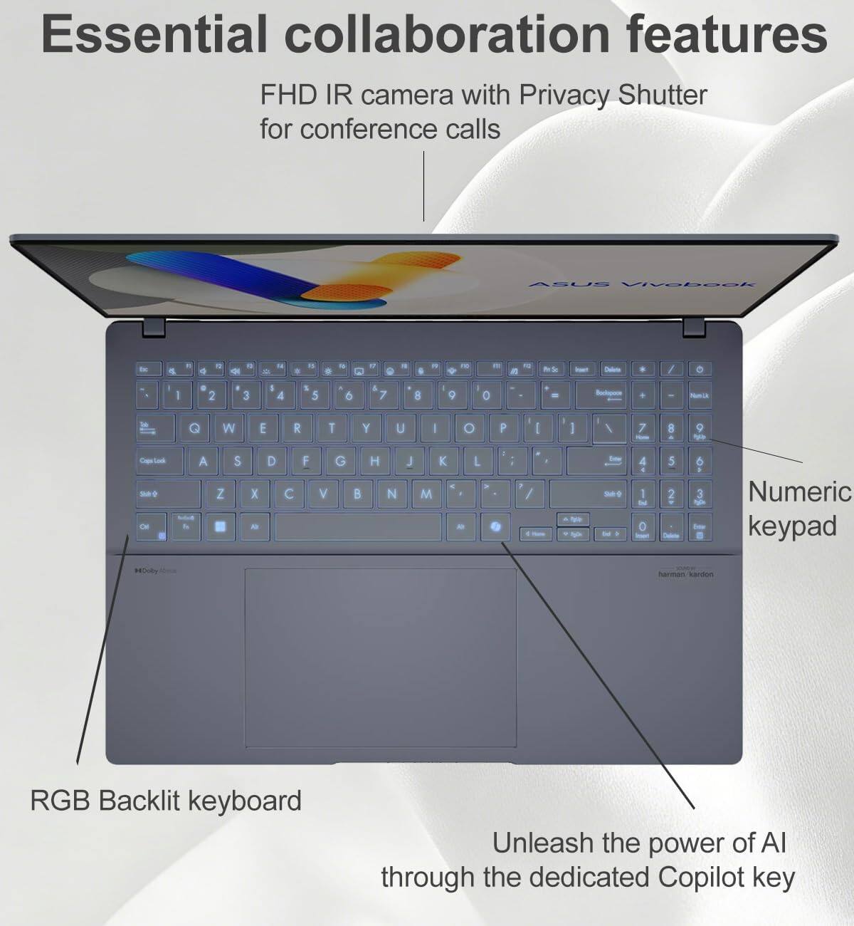 Essential collaboration features

- FHD IR camera with Privacy Shutter for conference calls
- RGB Backlit keyboard
- Numeric keypad
- Unleash the power of AI through the dedicated Copilot key