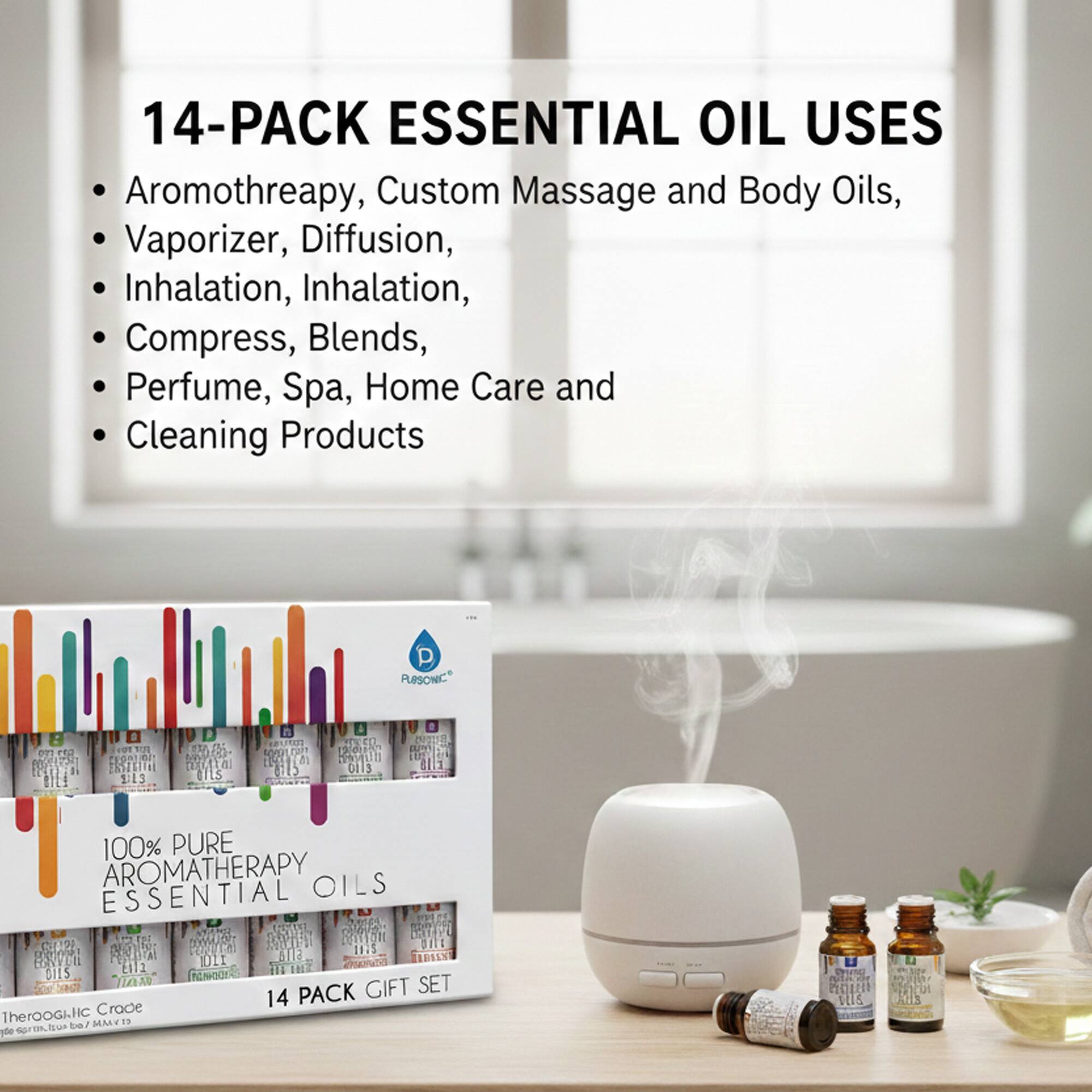14-PACK ESSENTIAL OIL USES

- Aromatherapy, Custom Massage and Body Oils,
- Vaporizer, Diffusion,
- Inhalation, Inhalation,
- Compress, Blends,
- Perfume, Spa, Home Care and
- Cleaning Products

100% PURE AROMATHERAPY ESSENTIAL OILS

14 PACK GIFT SET