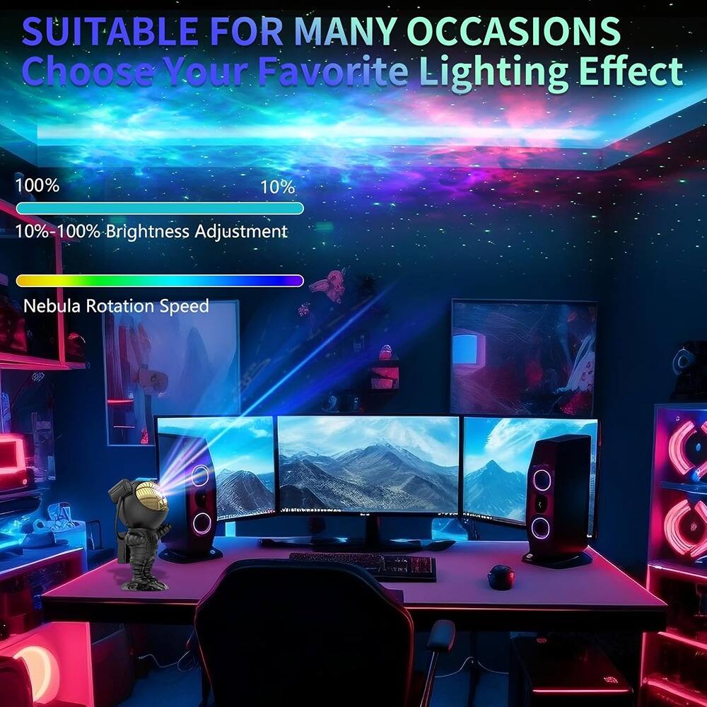 SUITABLE FOR MANY OCCASIONS  
Choose Your Favorite Lighting Effect  

100%  
10%  
10%-100% Brightness Adjustment  
Nebula Rotation Speed