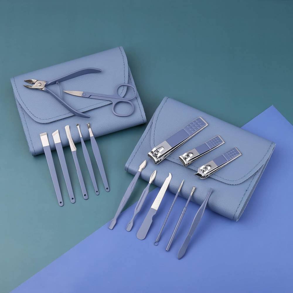 Alt View 2. Beauty Hub Ecommerce - Luxurious Leather Stainless Steel Nail Kit - Blue.
