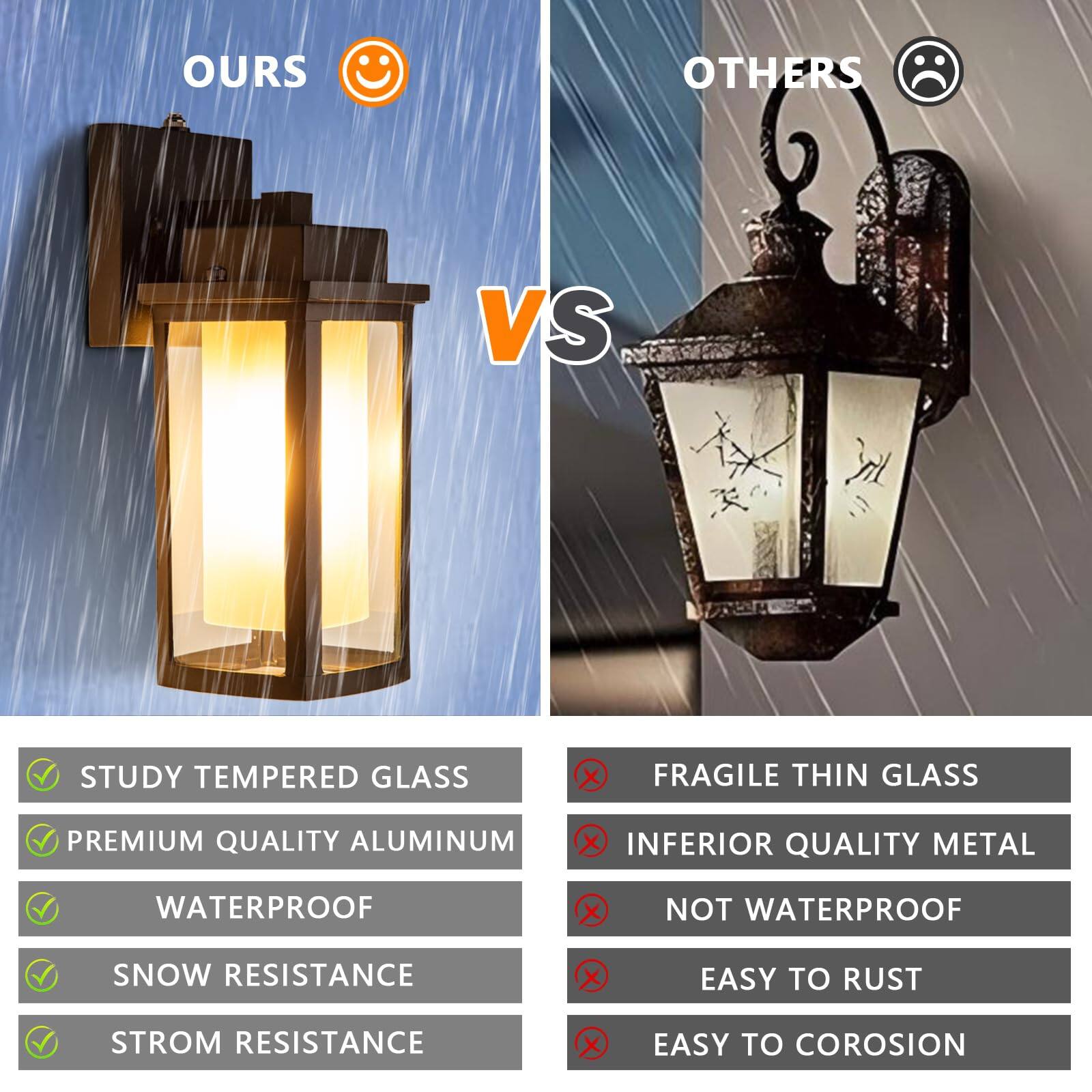 **OURS**  
- STUDY TEMPERED GLASS  
- PREMIUM QUALITY ALUMINUM  
- WATERPROOF  
- SNOW RESISTANCE  
- STORM RESISTANCE  

**OTHERS**  
- FRAGILE THIN GLASS  
- INFERIOR QUALITY METAL  
- NOT WATERPROOF  
- EASY TO RUST  
- EASY TO CORROSION