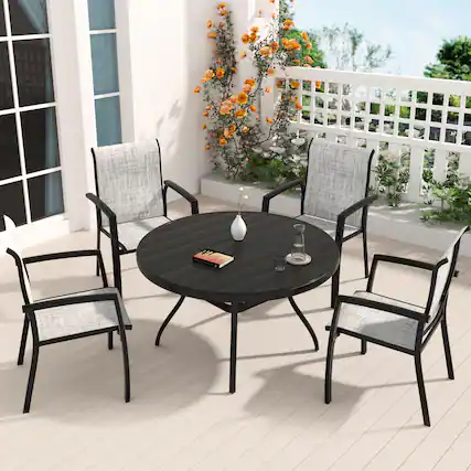 Front. Mondawe - 5 Pieces Patio Dining Set, Set of 4 Patio Stackable Dining Chairs and 40.6" Outdoor Metal Round Table - Black+ Gray.