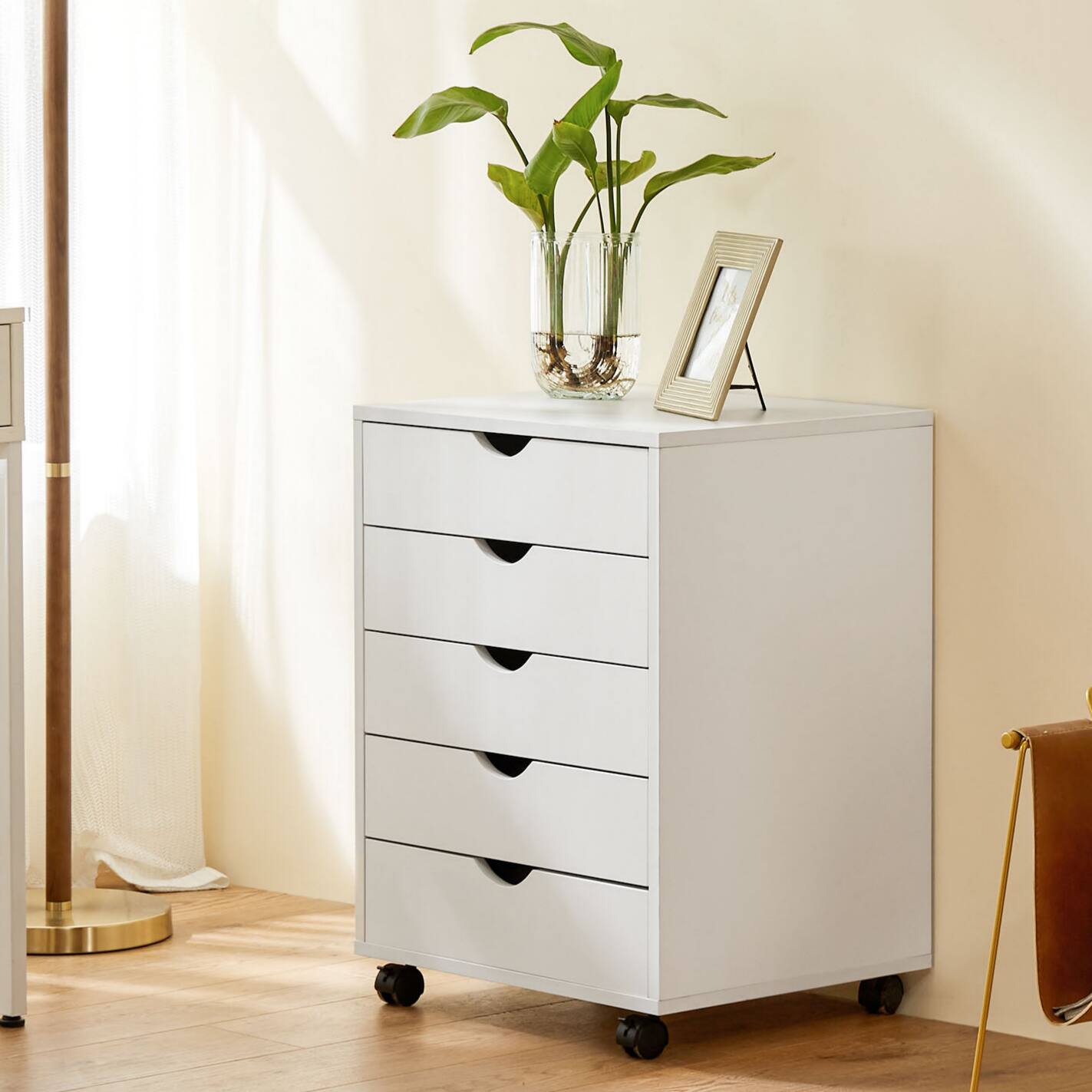 Angle. AENKYO - 5 Drawers Storage Cabinet Dressers with Wheels Mobile Organizer Drawers for Office, Bedroom, Home - White.