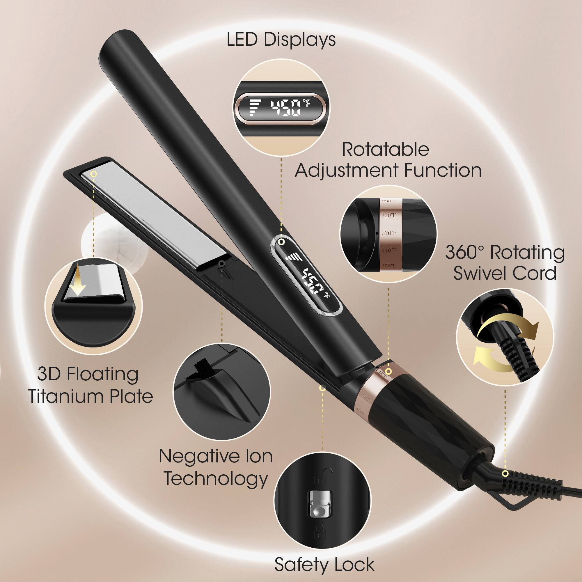 LED Displays, Rotatable Adjustment Function, 360° Rotating Swivel Cord, 3D Floating Titanium Plate, Negative Ion Technology, Safety Lock