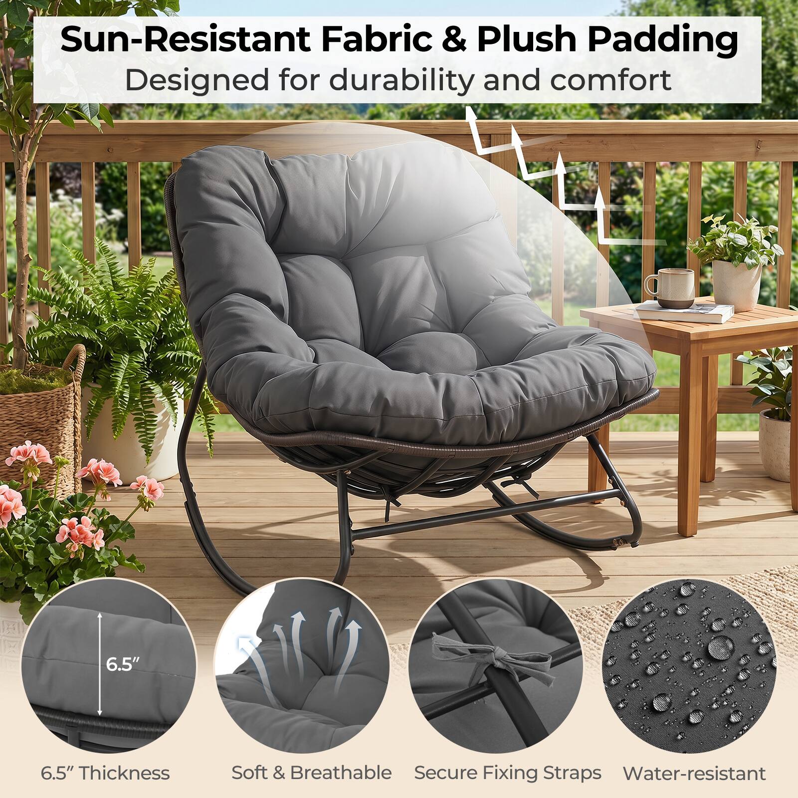 Sun-Resistant Fabric & Plush Padding  
Designed for durability and comfort  

6.5" Thickness  
Soft & Breathable  
Secure Fixing Straps  
Water-resistant