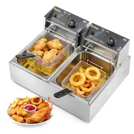 Winado - 3400W 22.8QT/21.6L Electric Deep Fryer, Commercial Deep Fryer with Baskets Lids Countertop, Stainless Steel Dual Tank - Silver