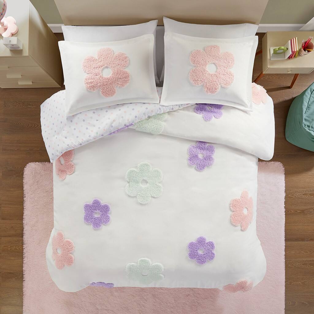 Alt View 1. Gracie Mills - Gracie Mills Eubert Enchanting Floral Reversible Tufted Chenille Duvet Cover Set - White/Purple.